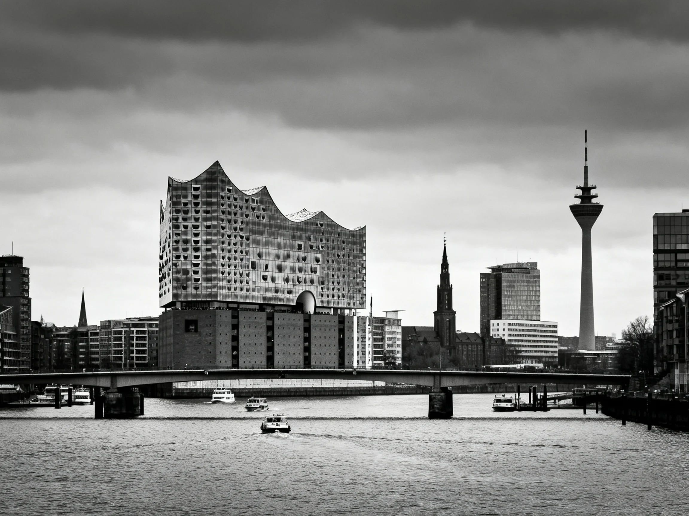 Black-and-white cityscape with wavy skyscraper, riverboats, and tower
