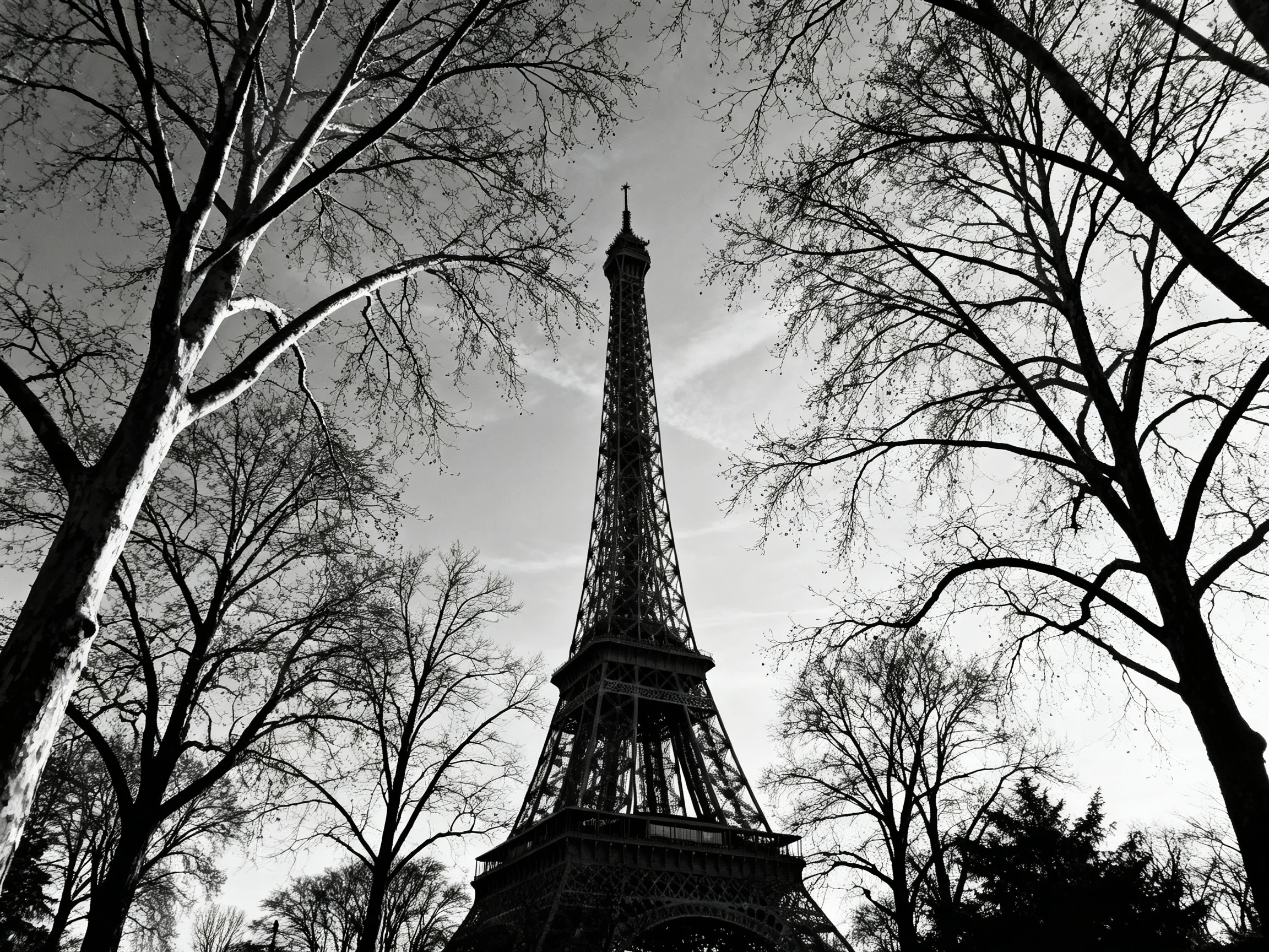 Black-and-white photograph of the Eiffel Tower surrounded by leafless trees