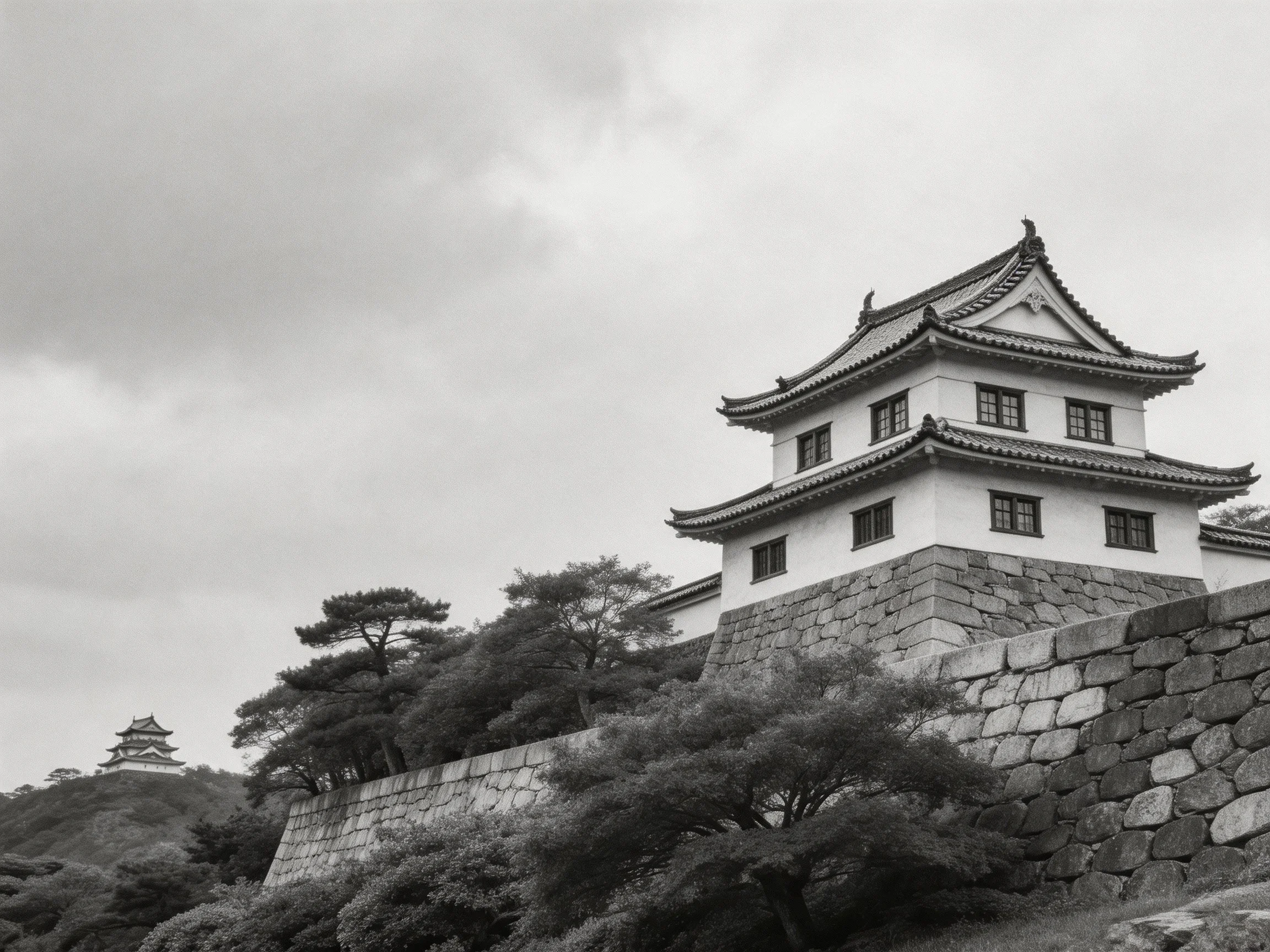 Black-and-white traditional Japanese castle tower with stone walls