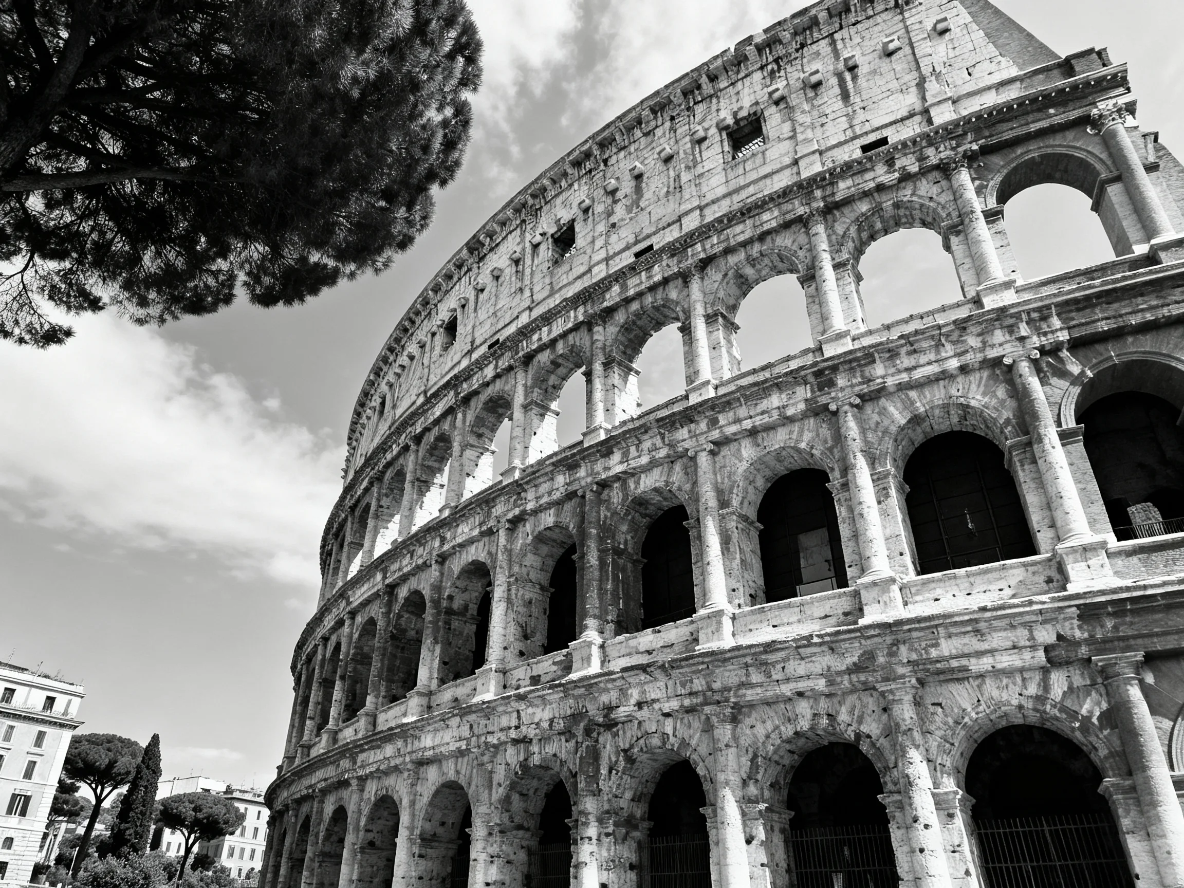 Black-and-white view of the ancient Roman Colosseum with stone arches