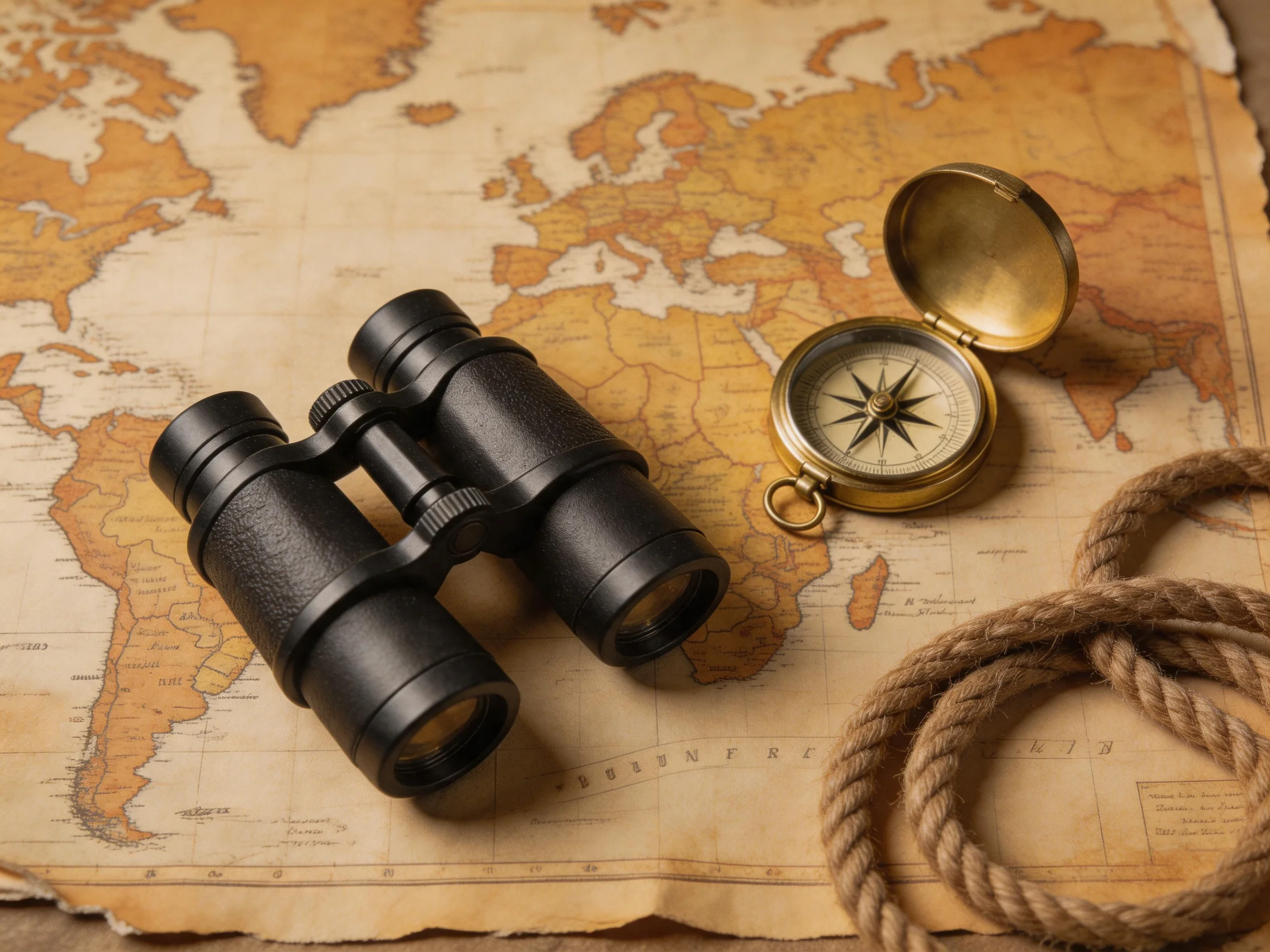 Black binoculars, brass compass, and rope on vintage world map
