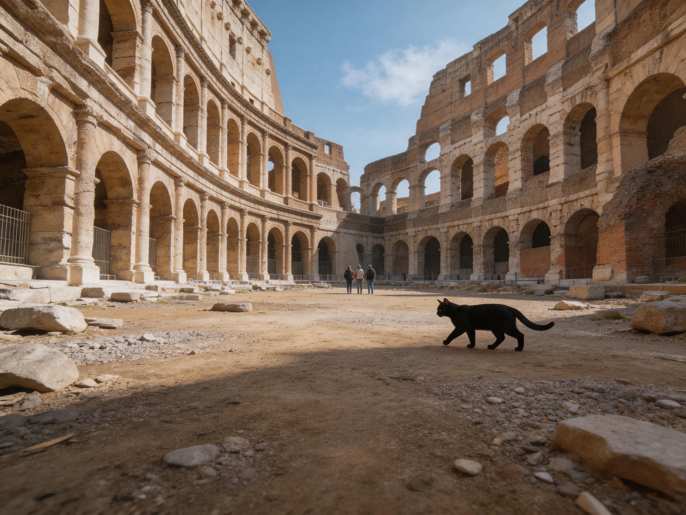 Black cat explores ancient Colosseums crumbling stone arches