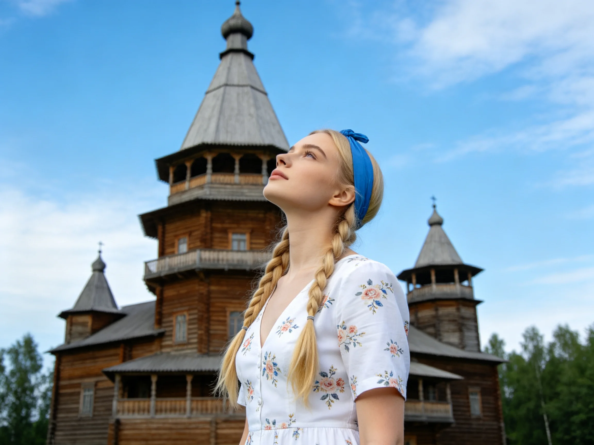 Blonde woman in floral dress near ancient wooden church towers