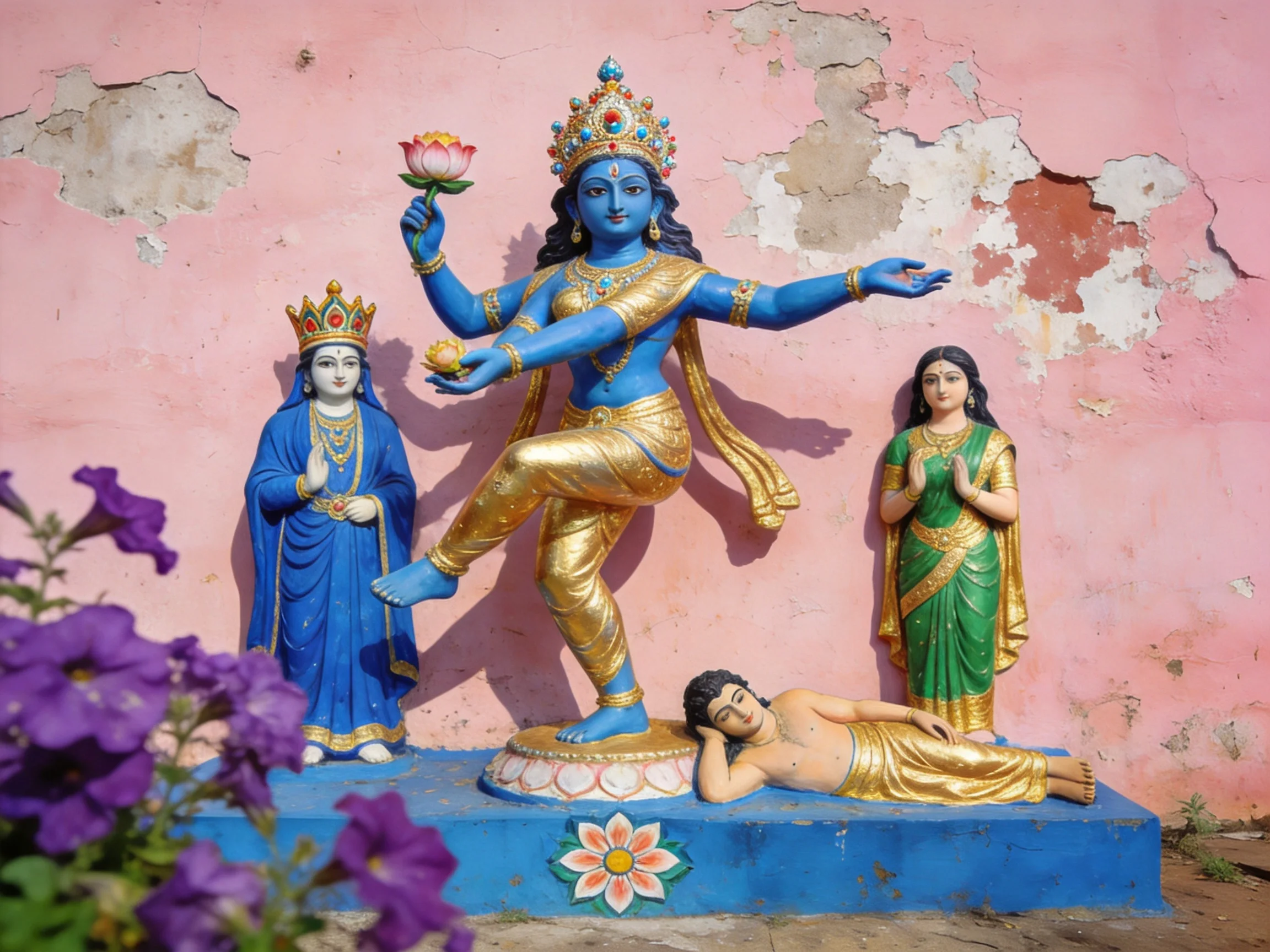 Blue and golden Hindu deity statues with companions on a pink wall