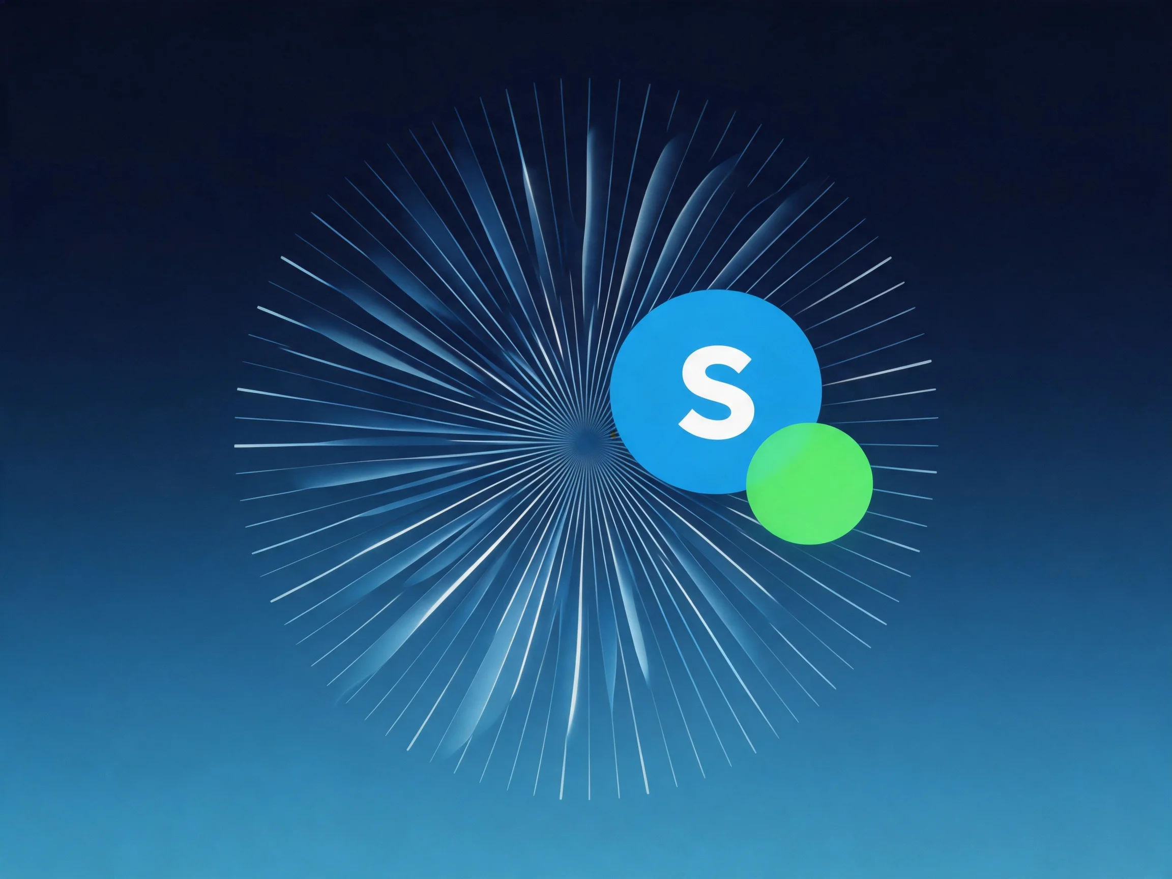 Blue and green circular icons with radial light streaks on a dark blue gradient background