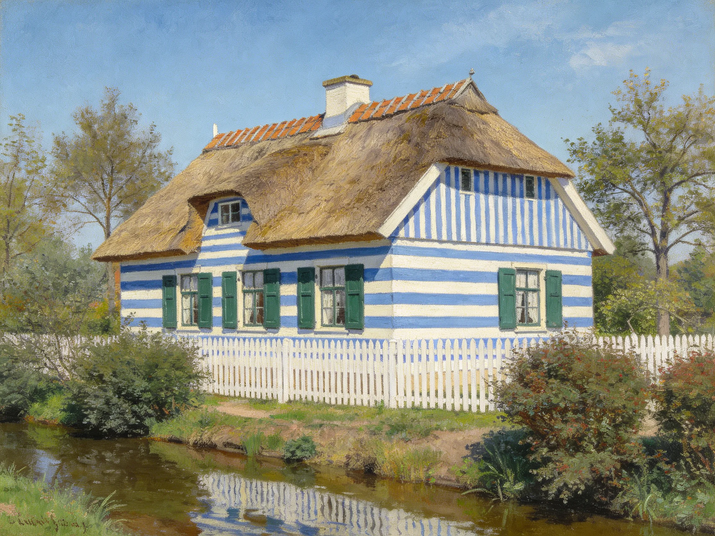 Blue-and-white Striped Thatched Cottage Near a White Fence