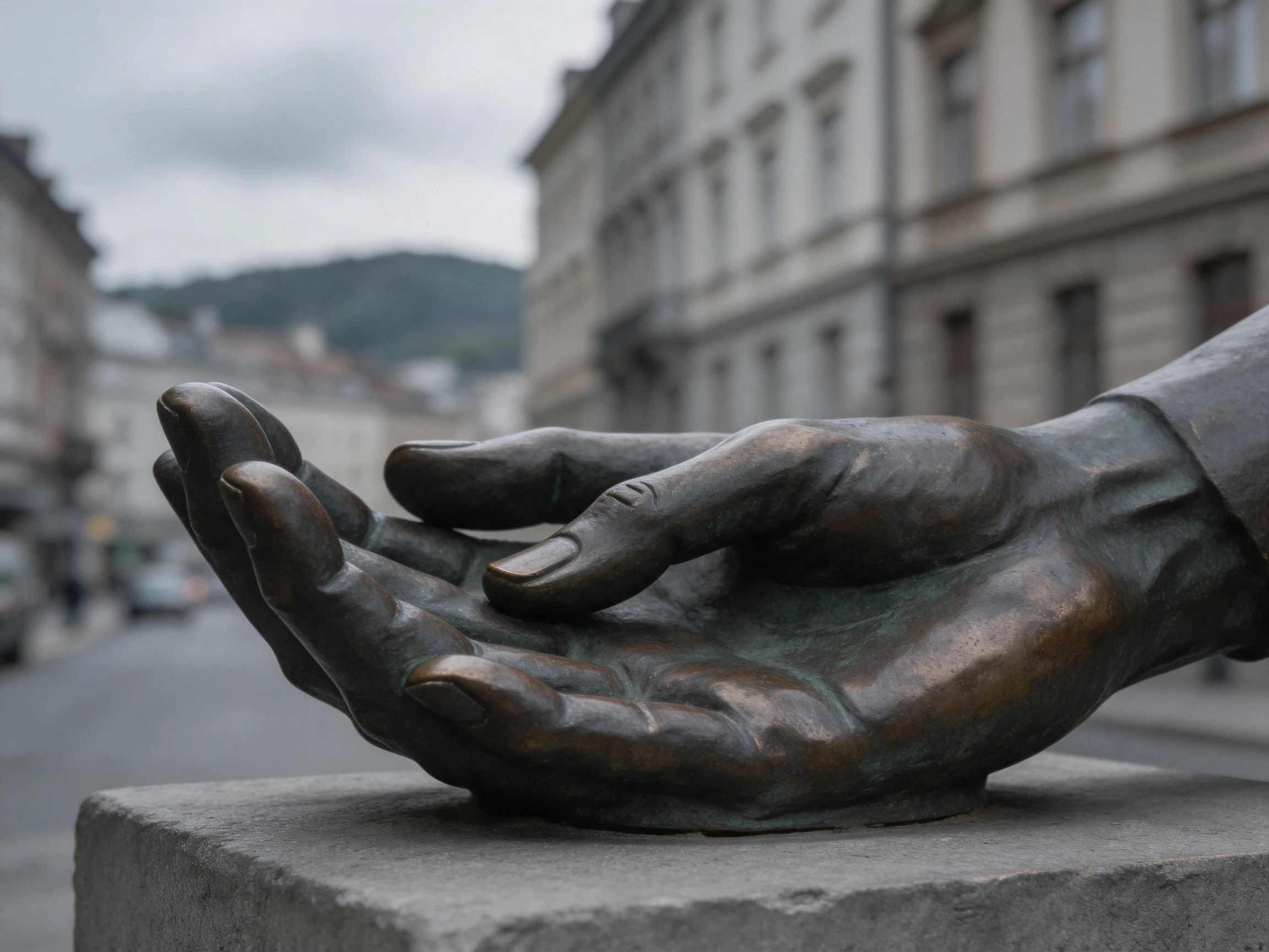 Bronze Sculpture of Hands Reaching on Stone Pedestal