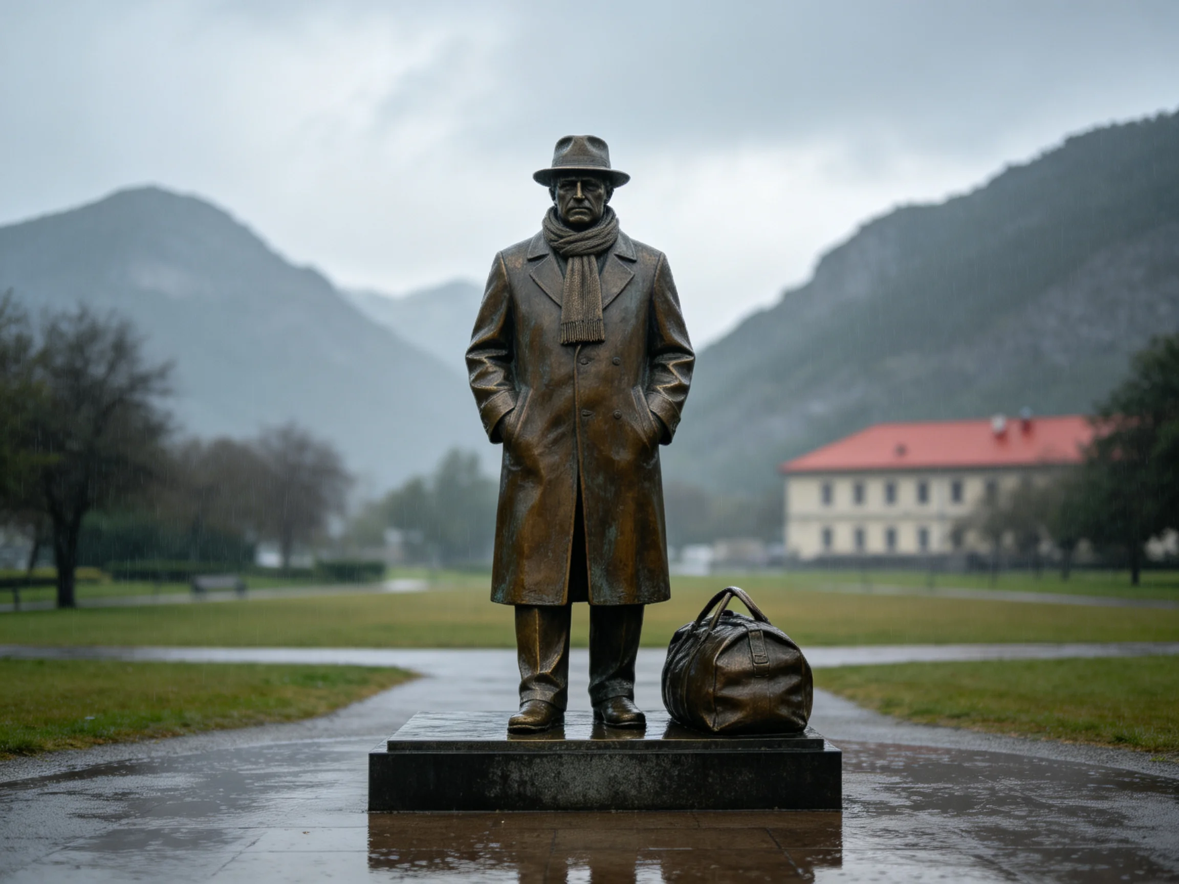 Bronze Statue of Man in Long Coat by Mountainous Landscape with Red-Roofed Building