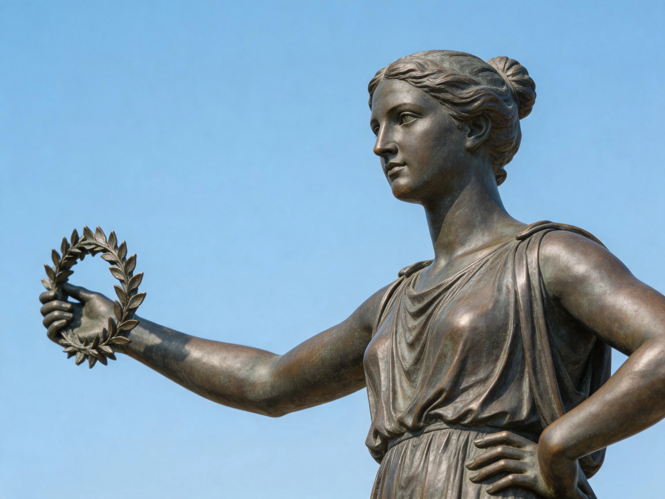 Bronze Statue of a Woman Presenting a Circular Laurel Wreath Under Clear Blue Sky