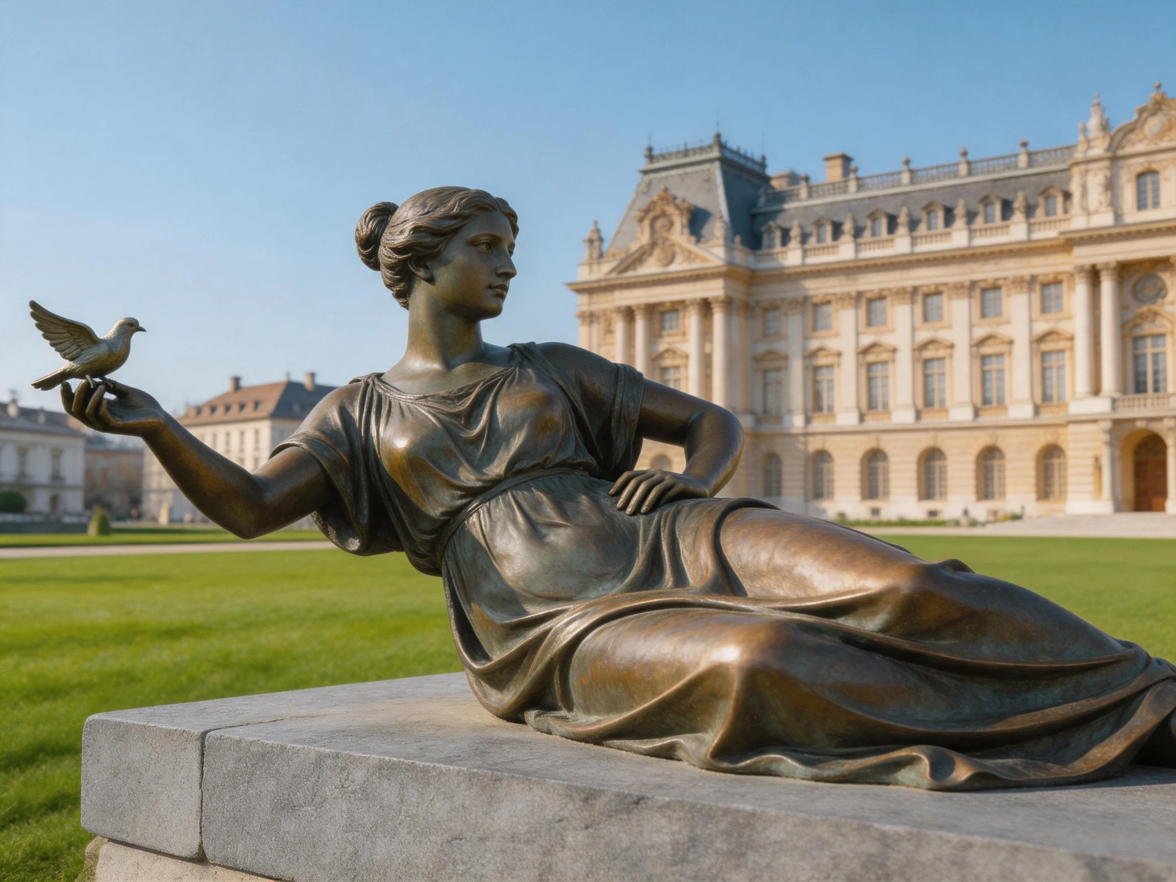 Bronze reclining woman statue with bird near ornate palace
