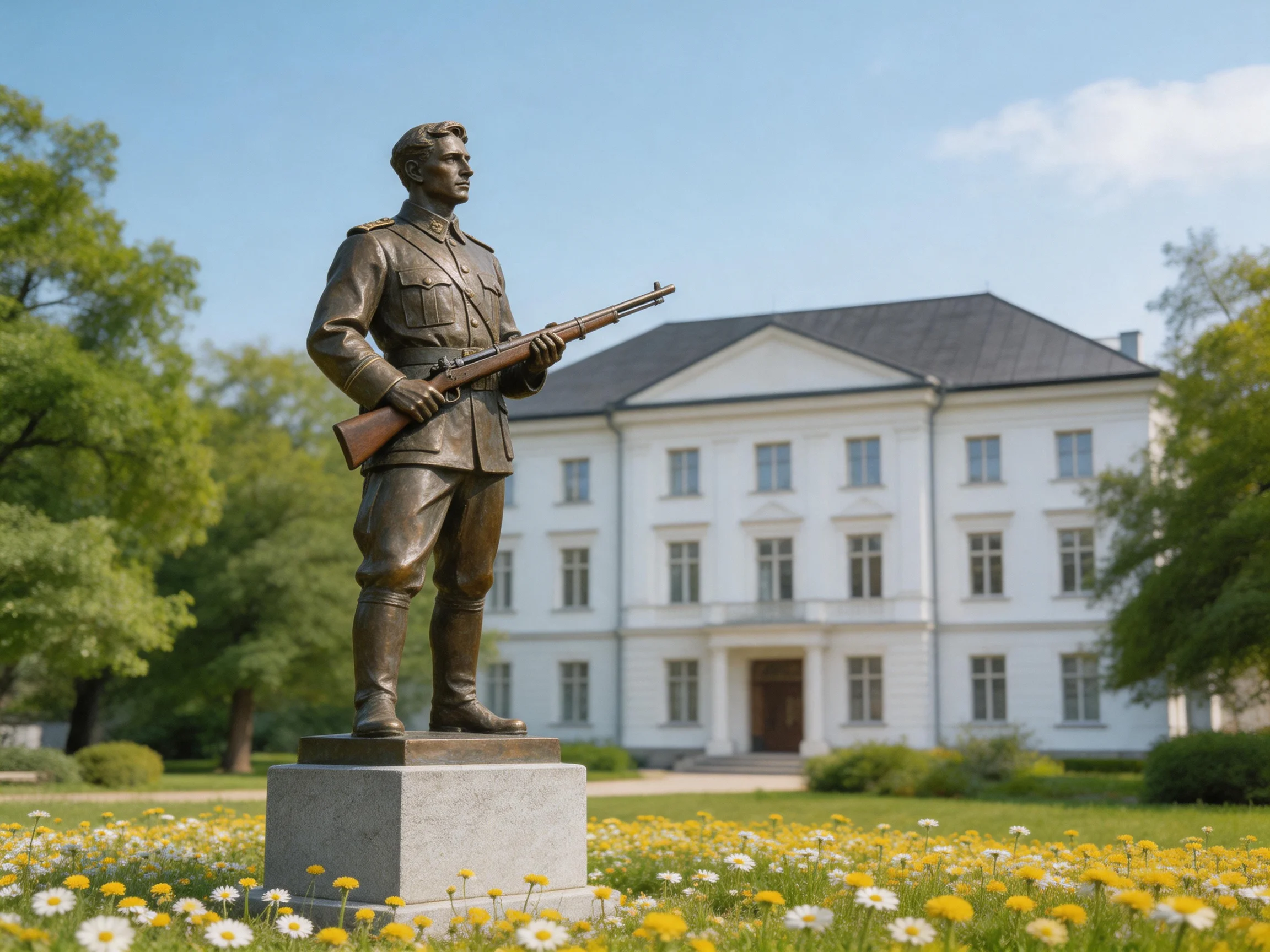 Bronze soldier statue near grand white mansion with flower-filled lawn