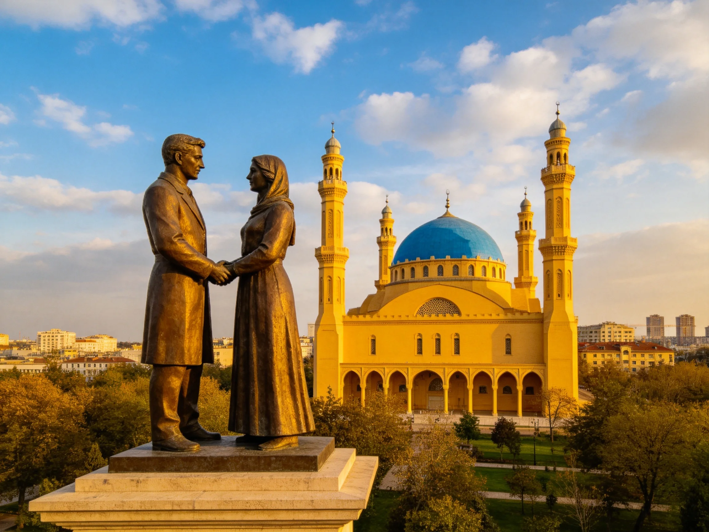 Bronze statue couple beside golden mosque with blue dome