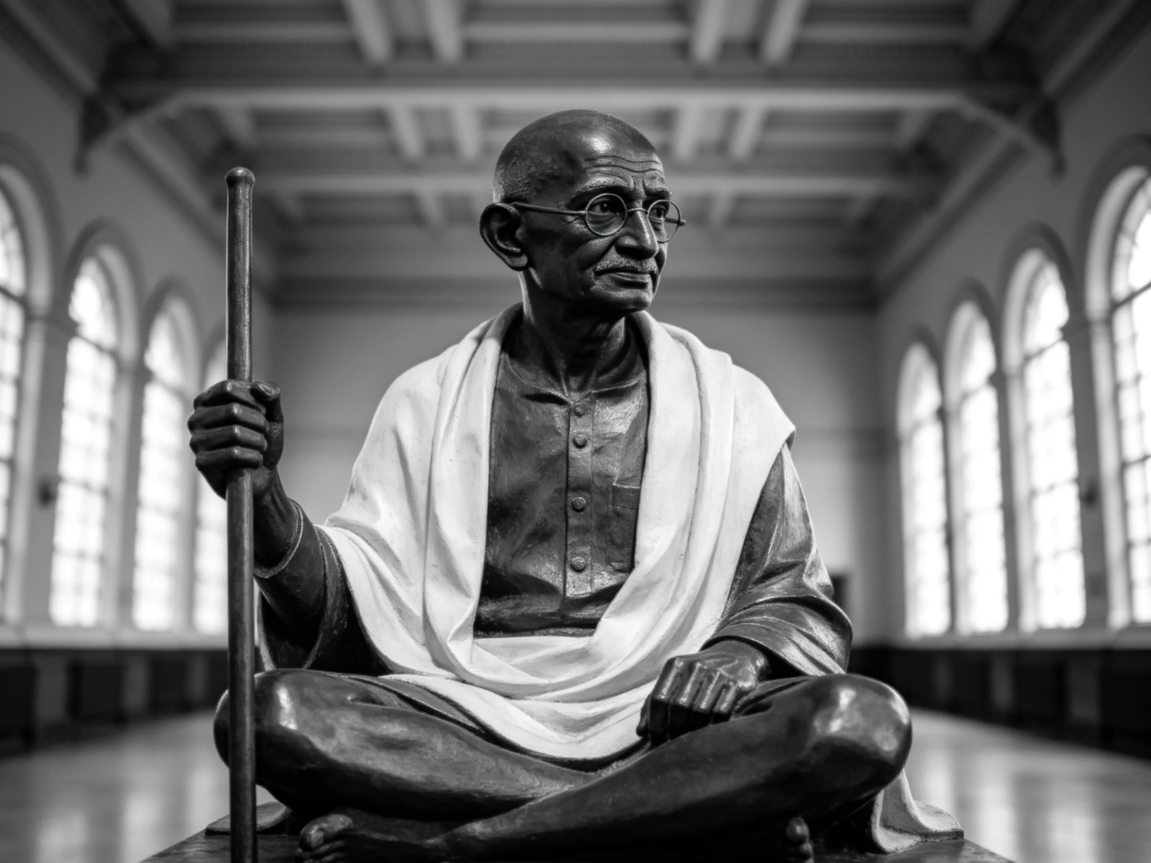 Bronze statue of Gandhi seated with staff in arched hall