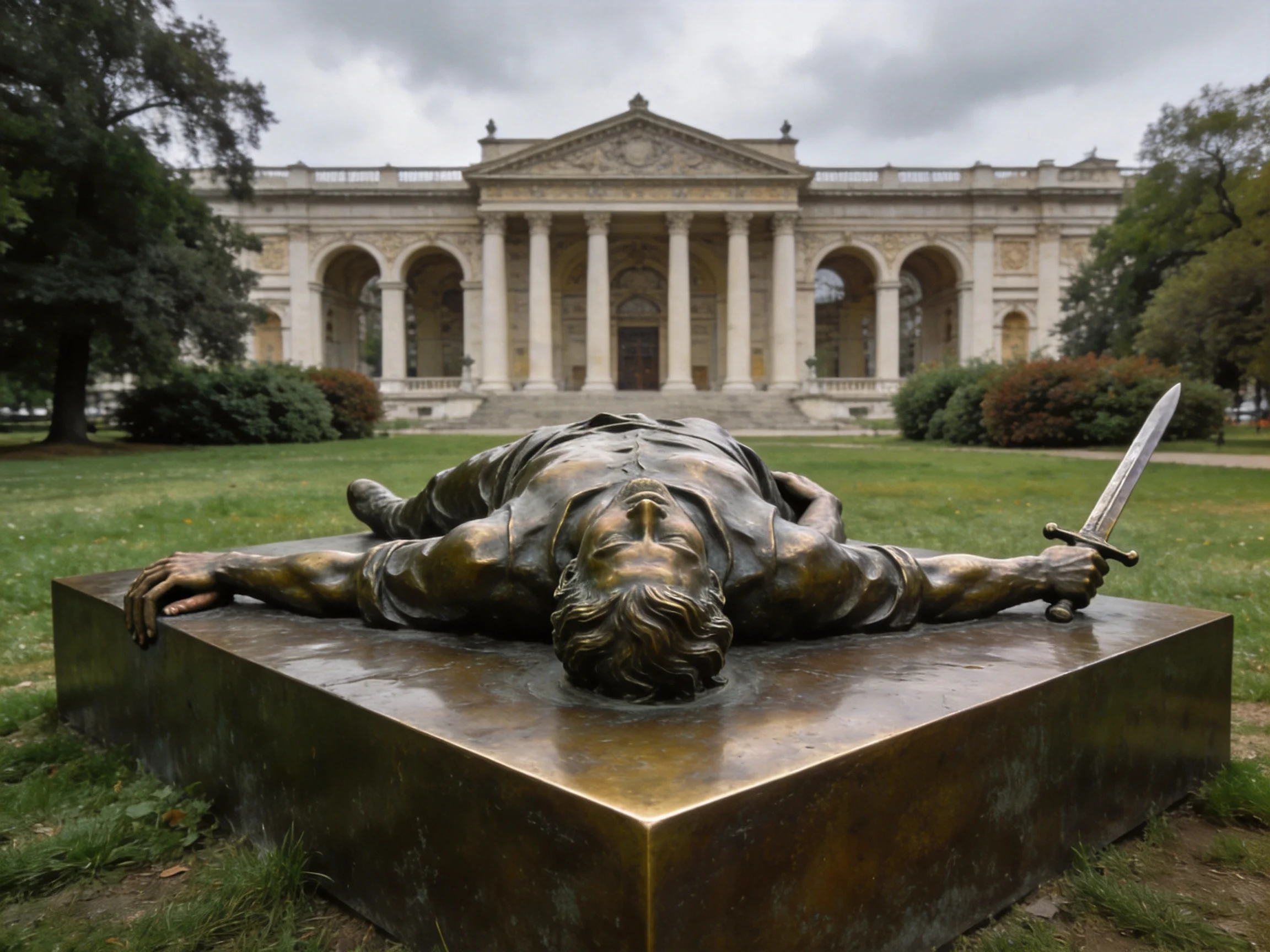 Bronze statue of a fallen man with sword near classical architecture