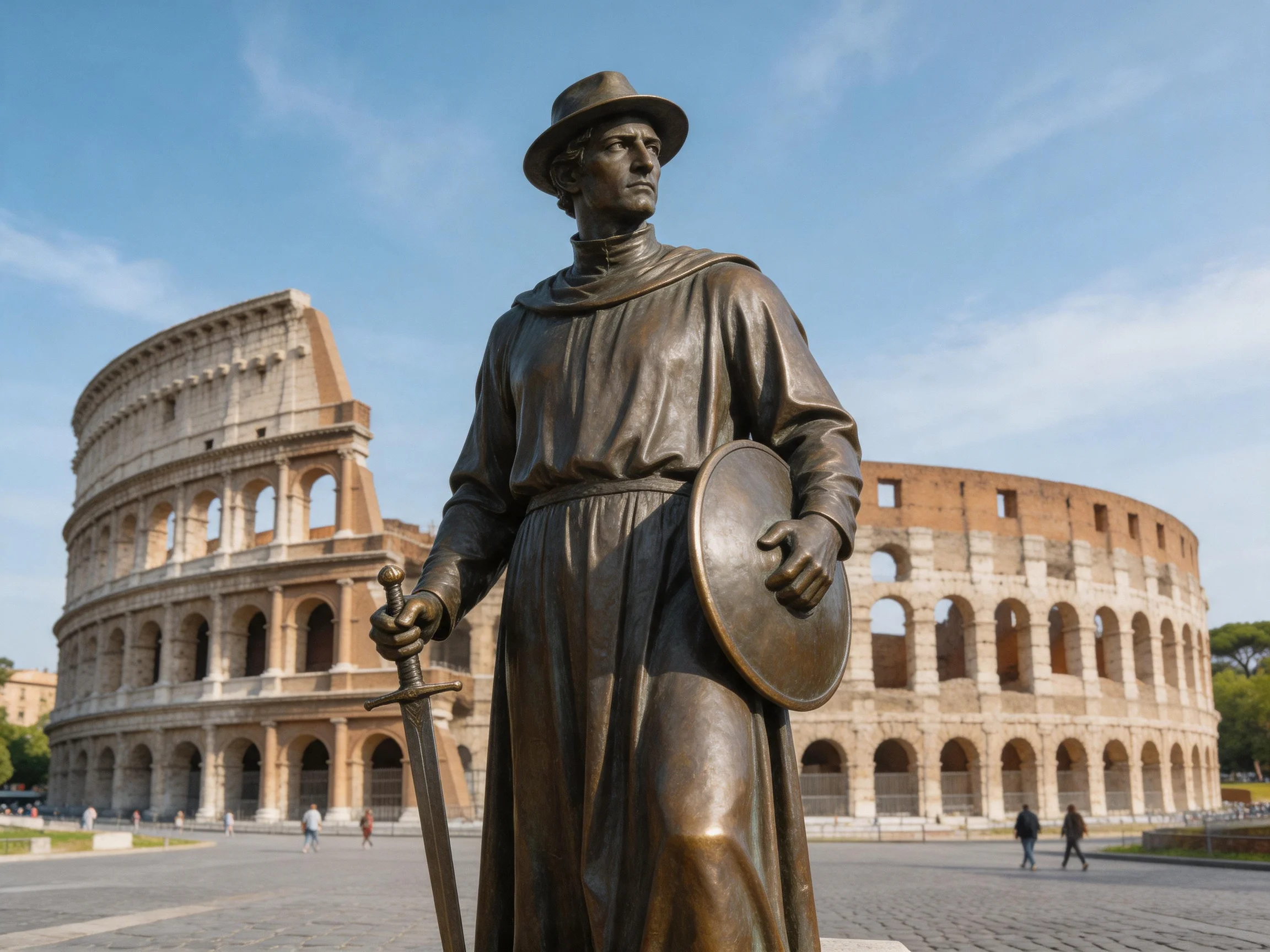 Bronze statue of a historical figure near the ancient Colosseum