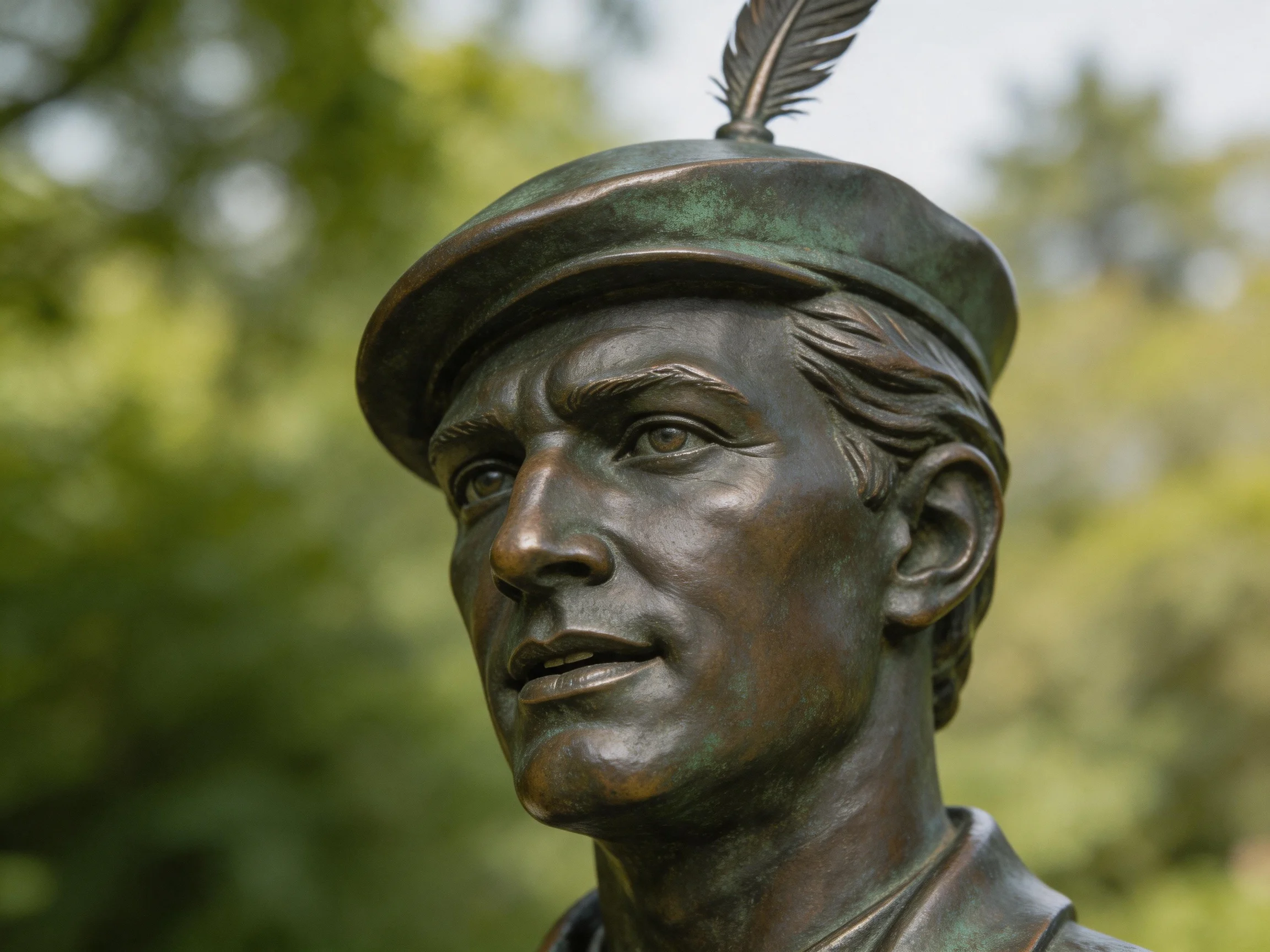Bronze statue of a man with a feathered hat in an outdoor setting