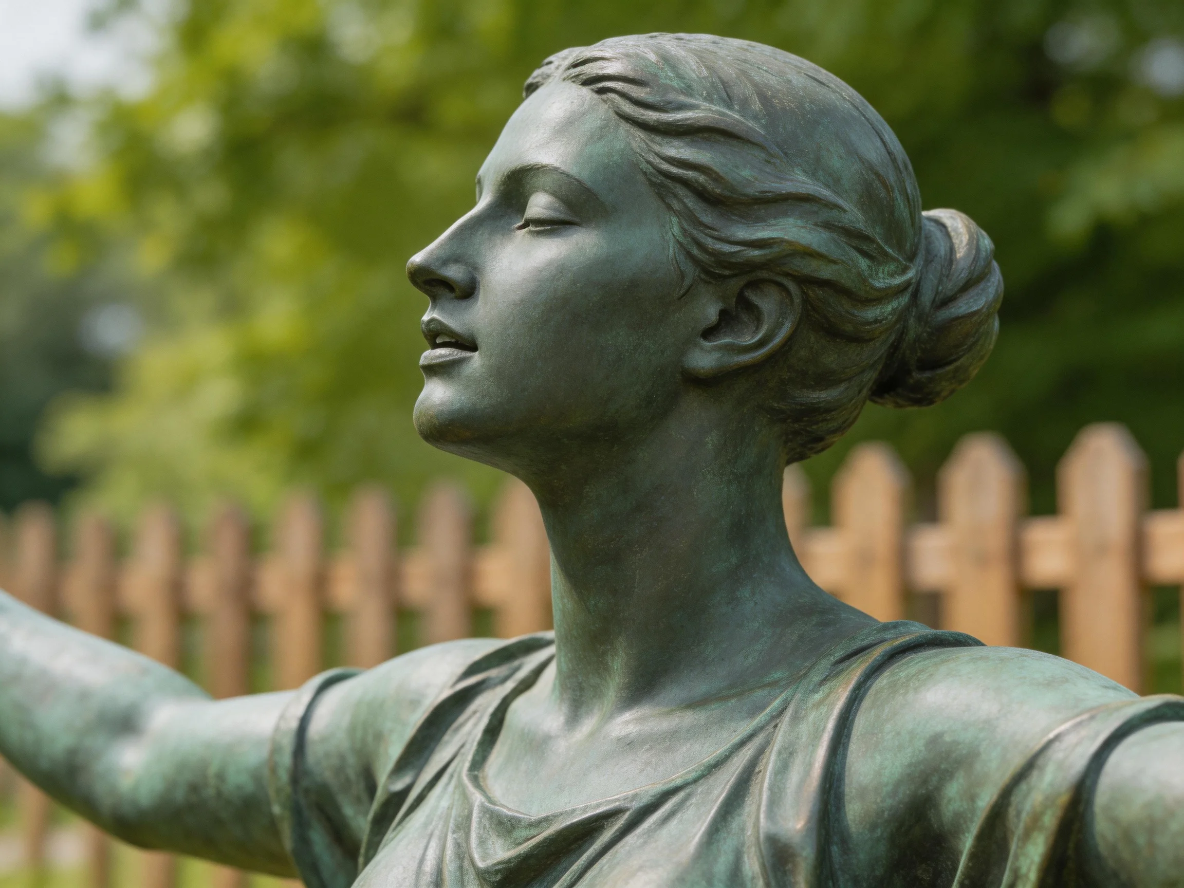 Bronze statue of a woman with outstretched arm near wooden picket fence