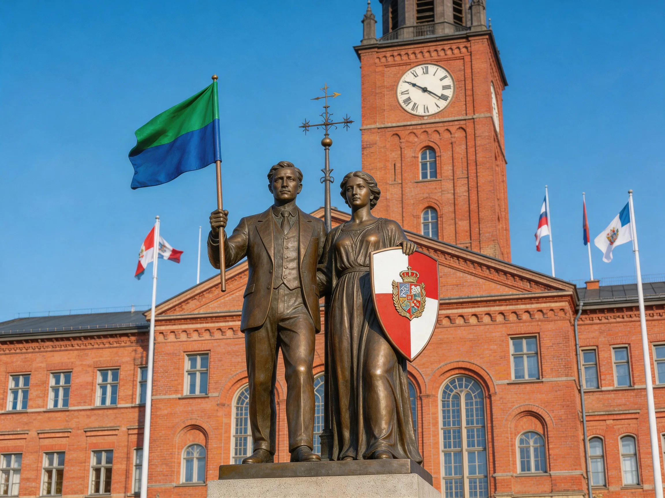Bronze statues stand before a historic brick building with flags and a clock tower