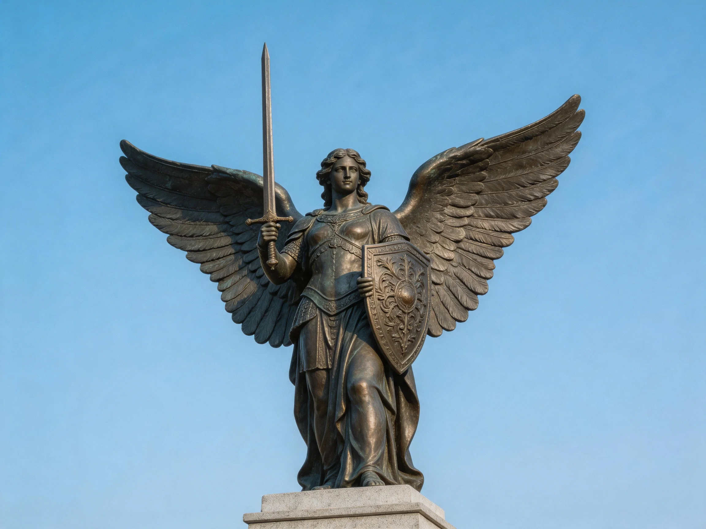 Bronze winged angel statue with sword and shield