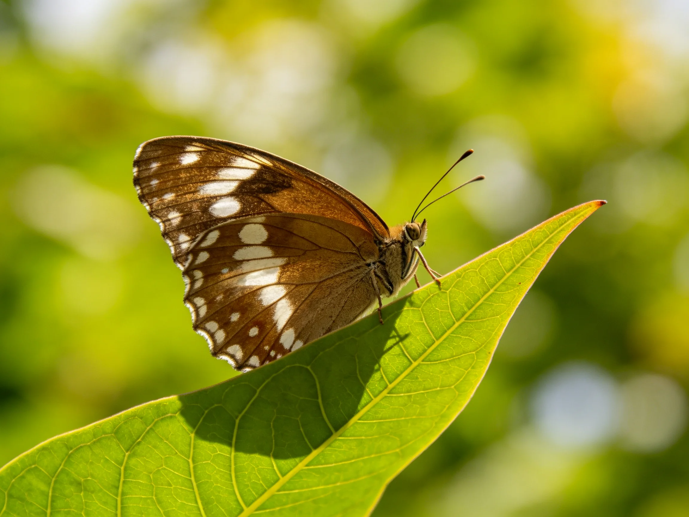 Brown butterfly with white-spotted wings perched on a vibrant green leaf