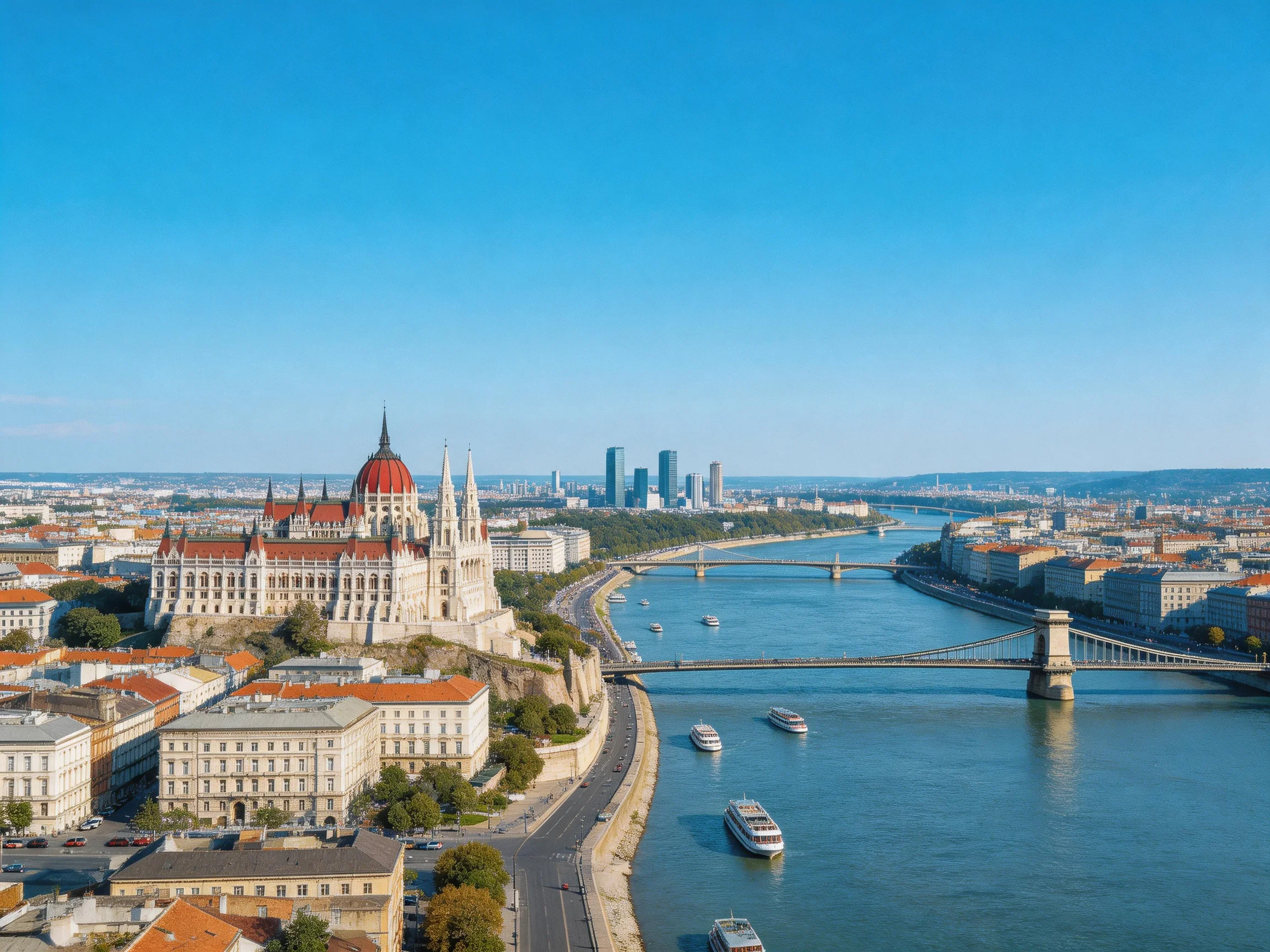Budapest’s Parliament, Danube River, and Chain Bridge under clear blue sky