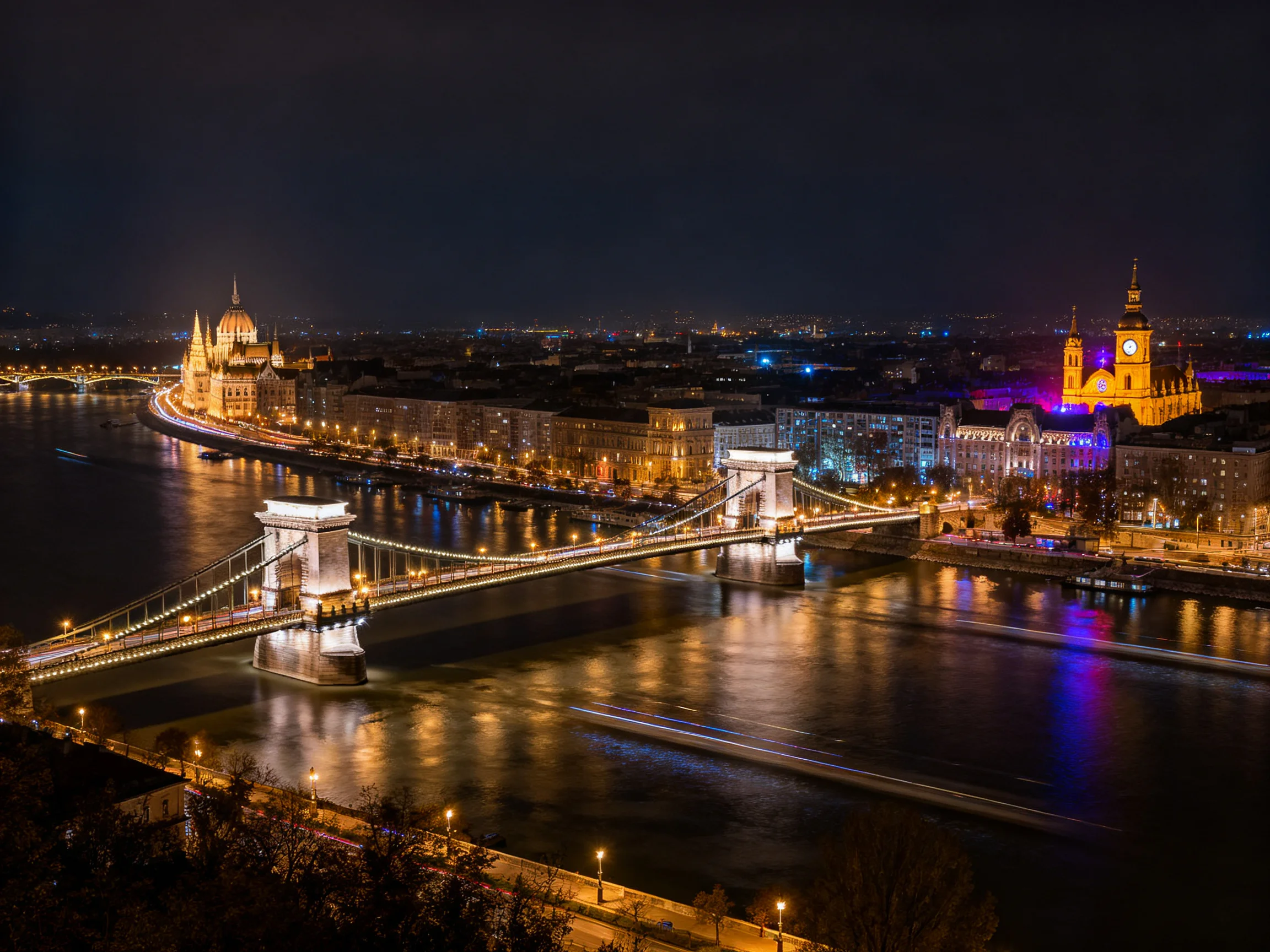 Budapests Chain Bridge lit up over Danube River at night