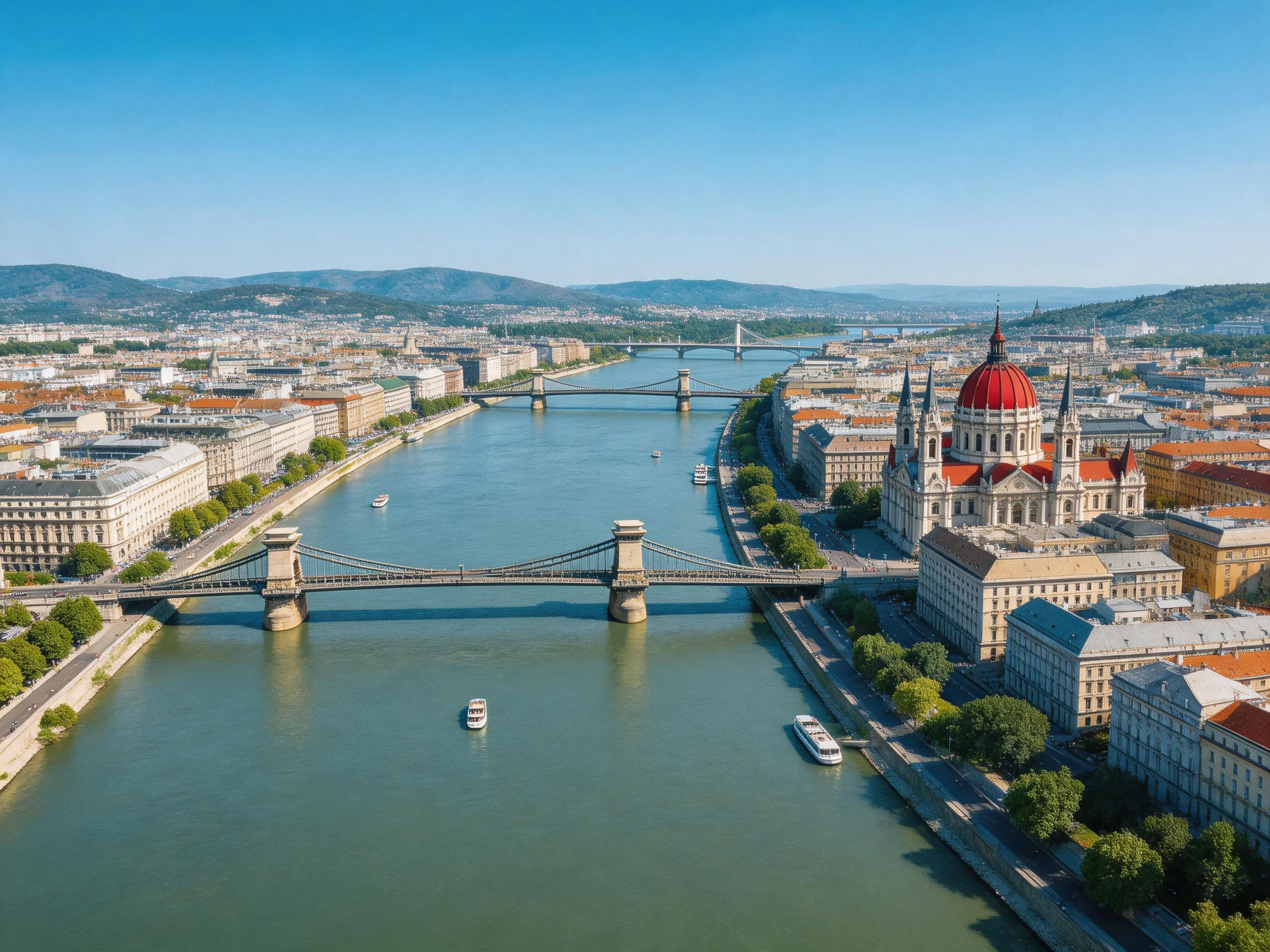 Budapests Danube River with Chain Bridge and Red-Domed Church