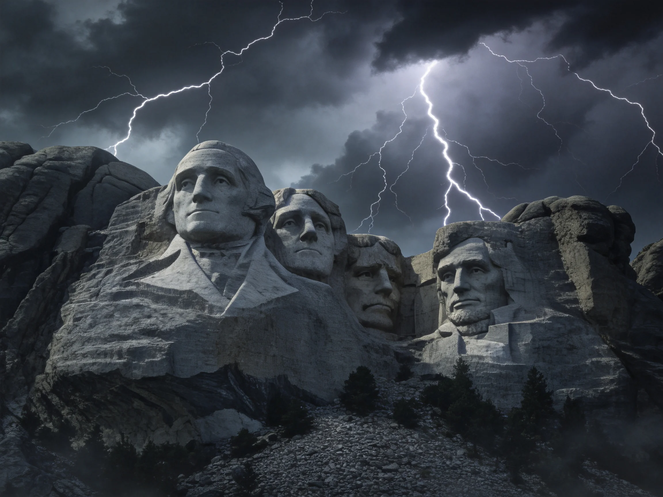 Carved Stone Presidents at Mount Rushmore During Lightning Storm