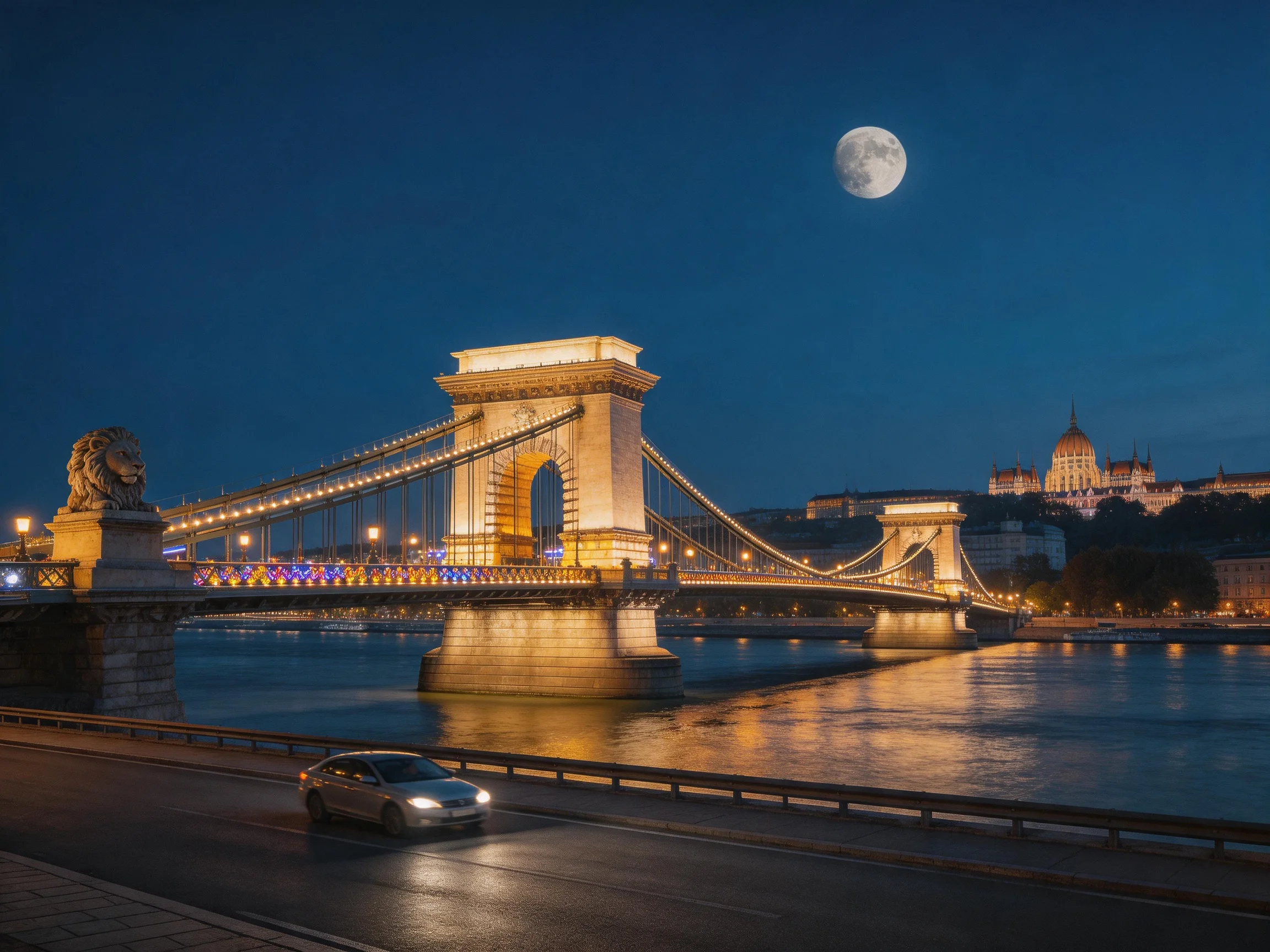Chain Bridge illuminated at night with a full moon over the Danube