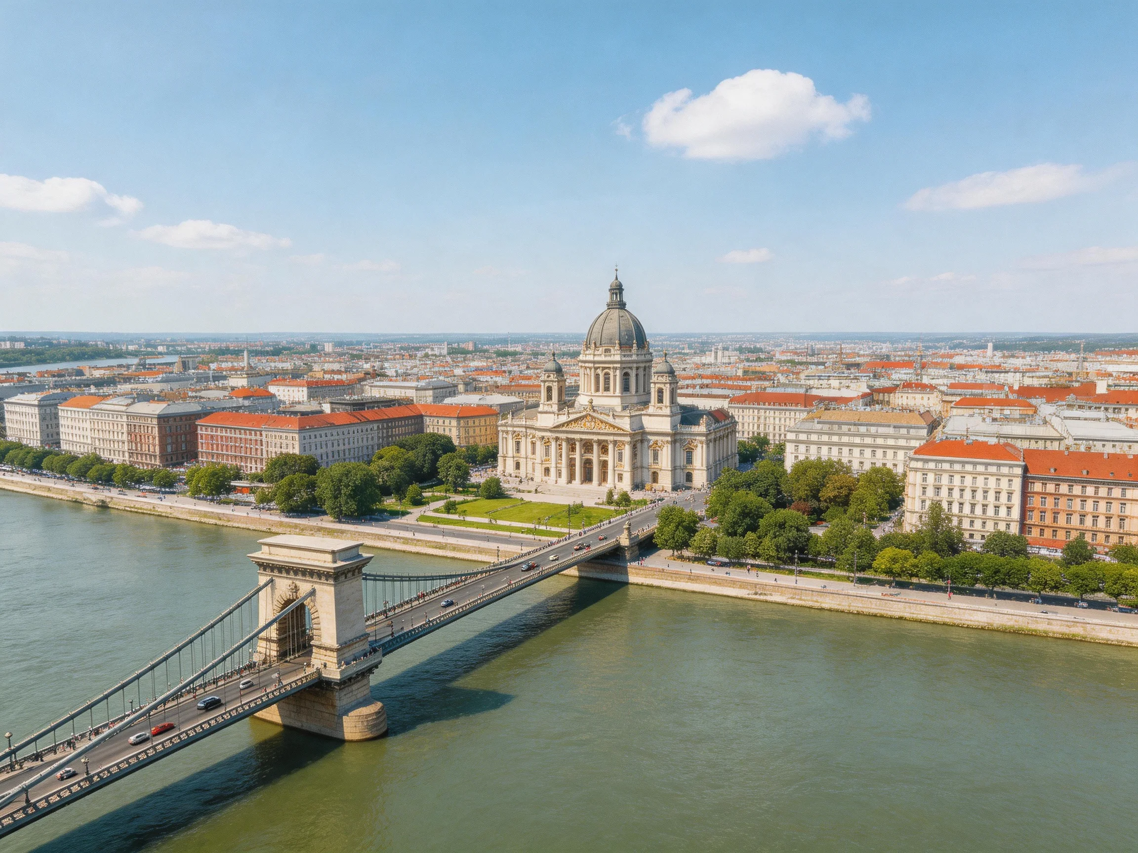 Chain Bridge over Danube River near St. Stephens Basilica