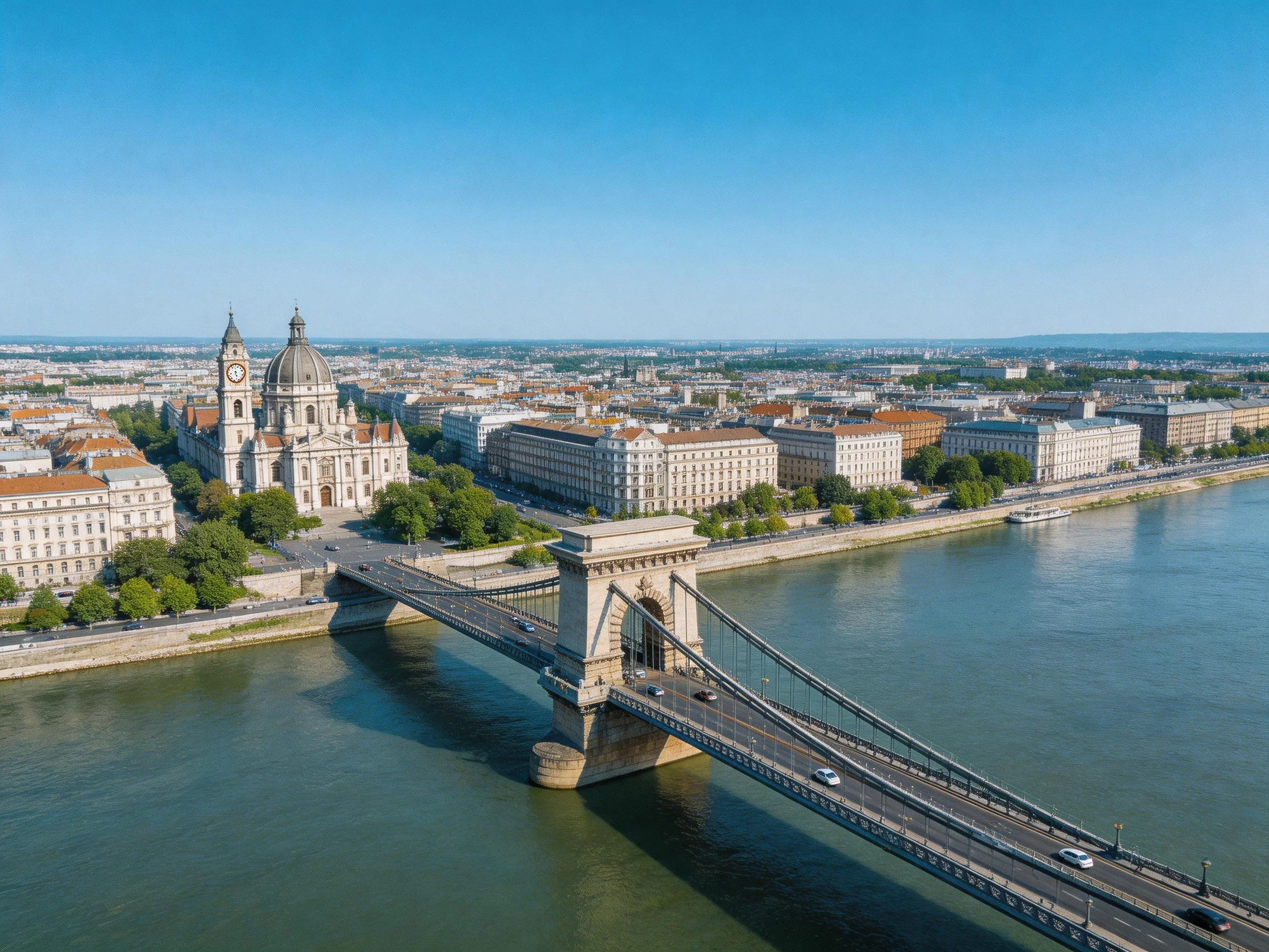 Chain Bridge spanning Danube River near historic architecture