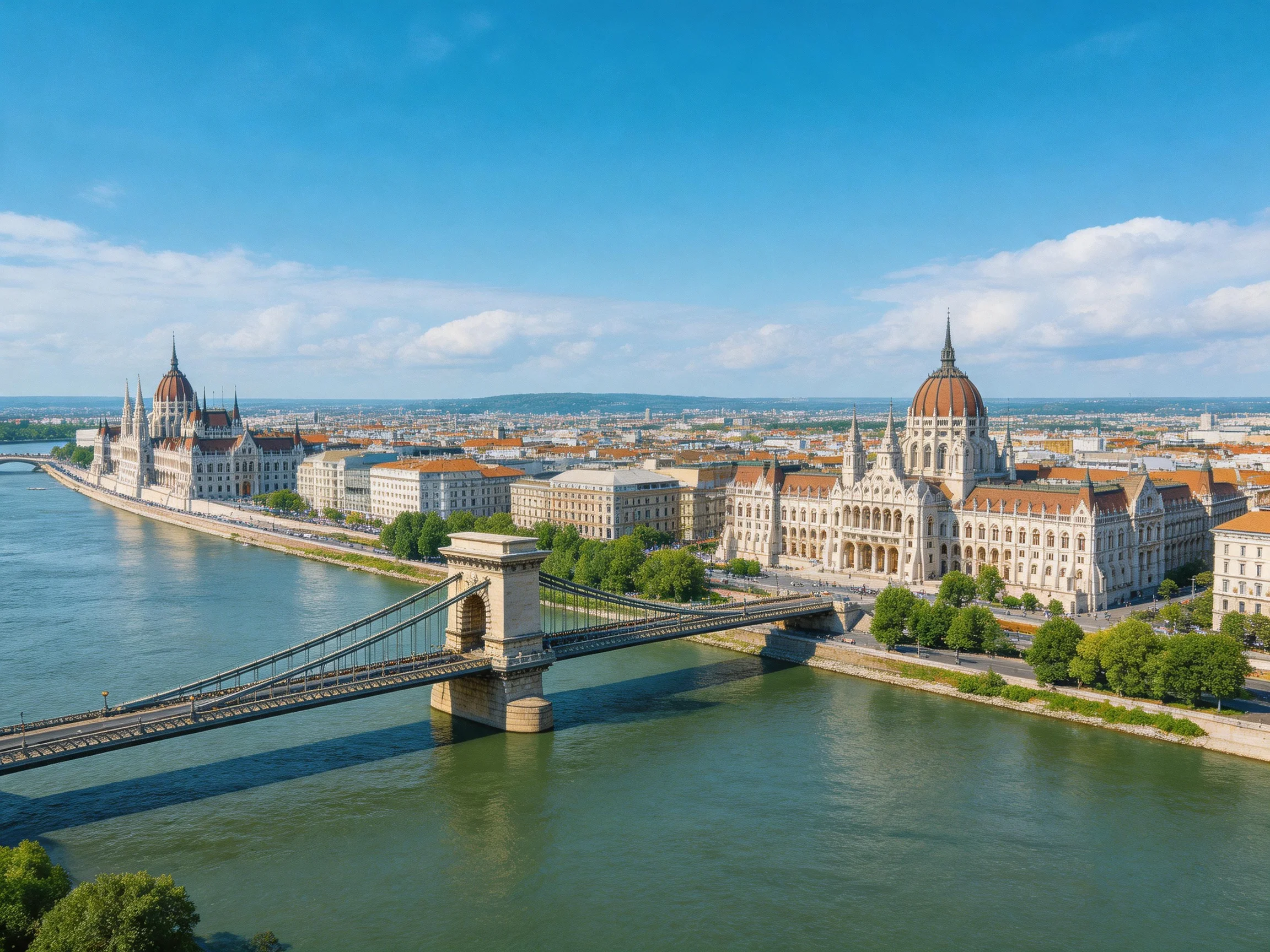 Chain Bridge spans Danube River near Hungarian Parliament complex
