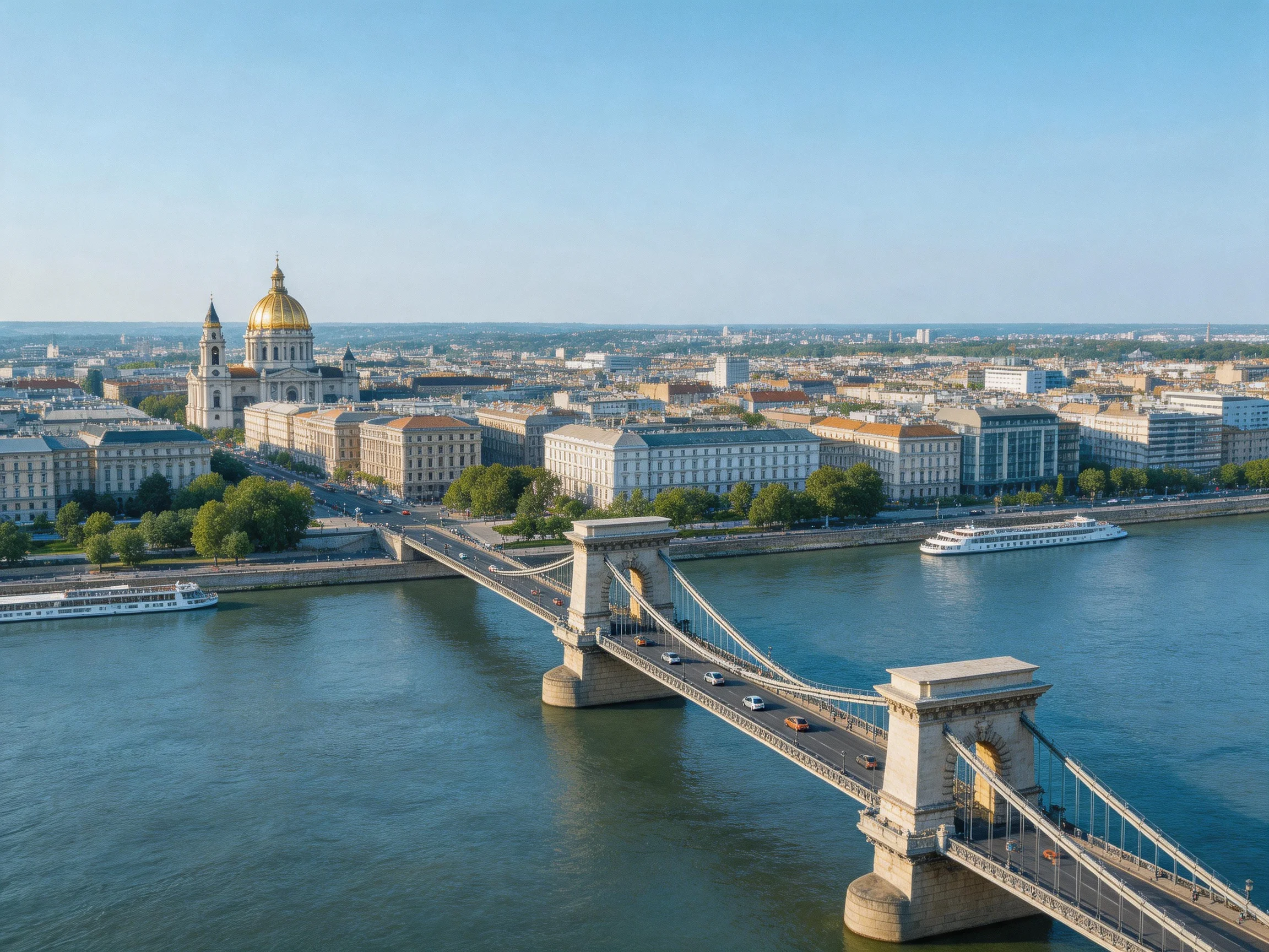Chain Bridge spans Danube River near golden-domed basilica