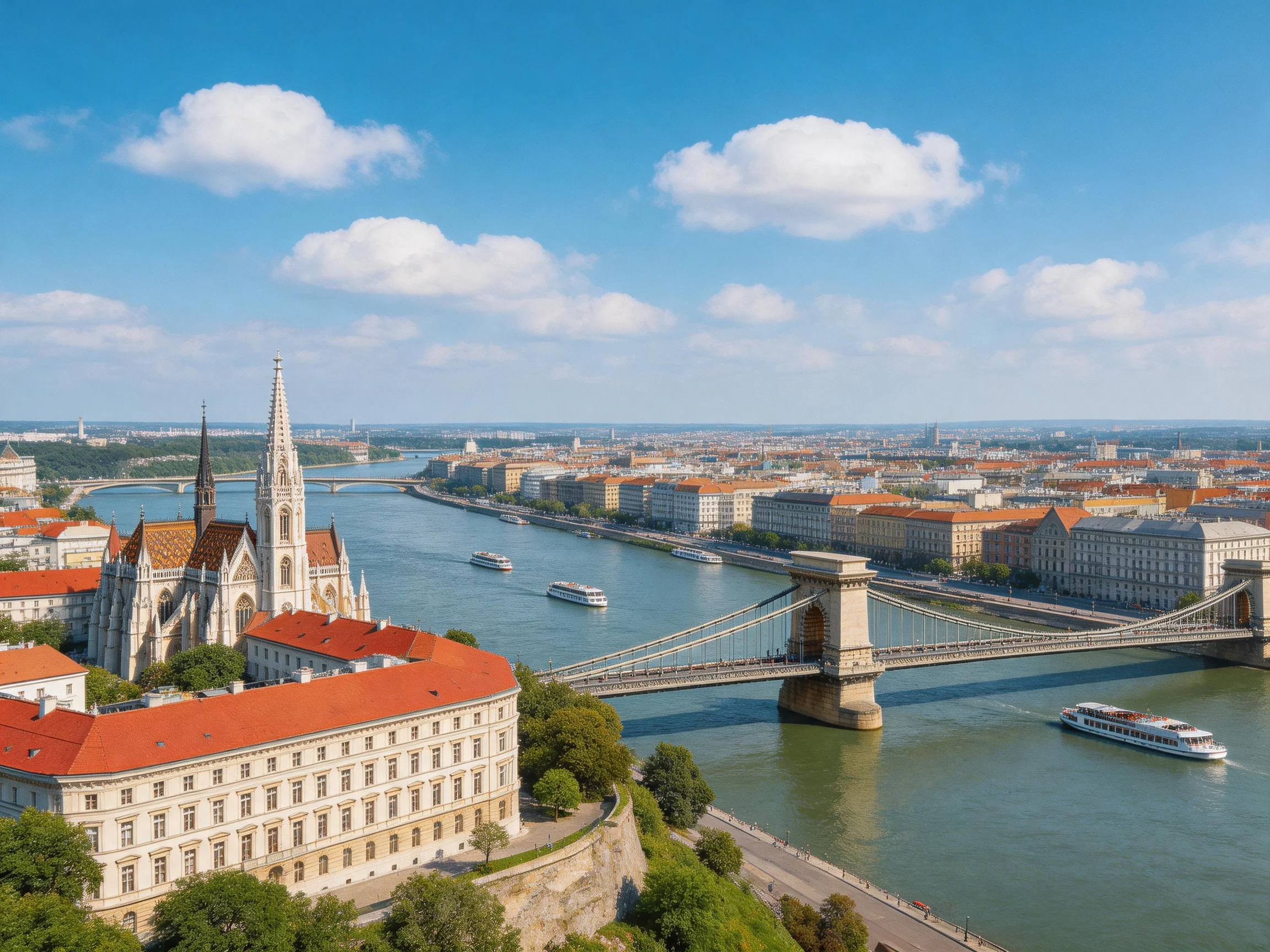 Chain Bridge spans Danube River near historic red-roofed buildings