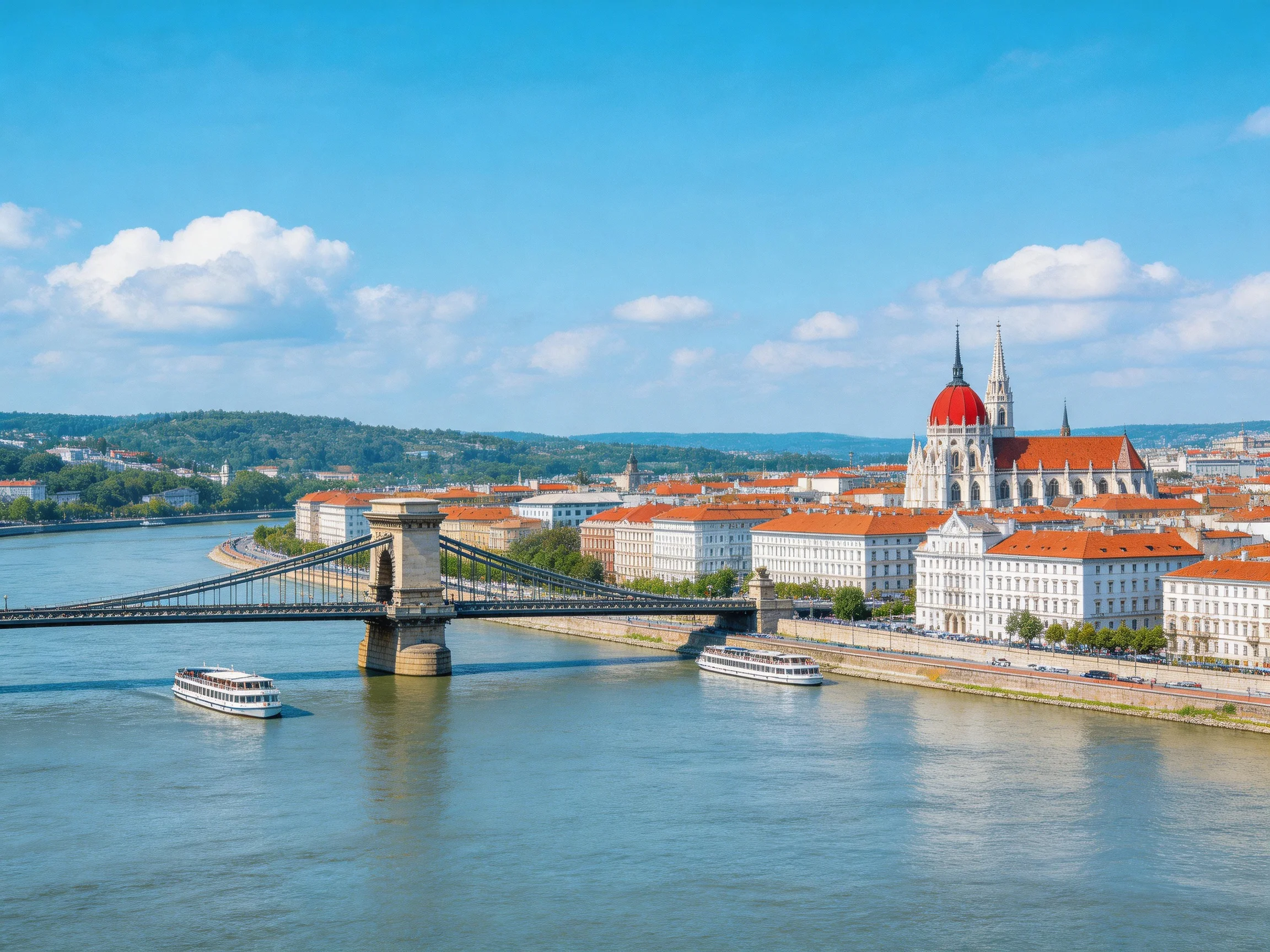 Chain Bridge spans Danube River near historic red-roofed cityscape