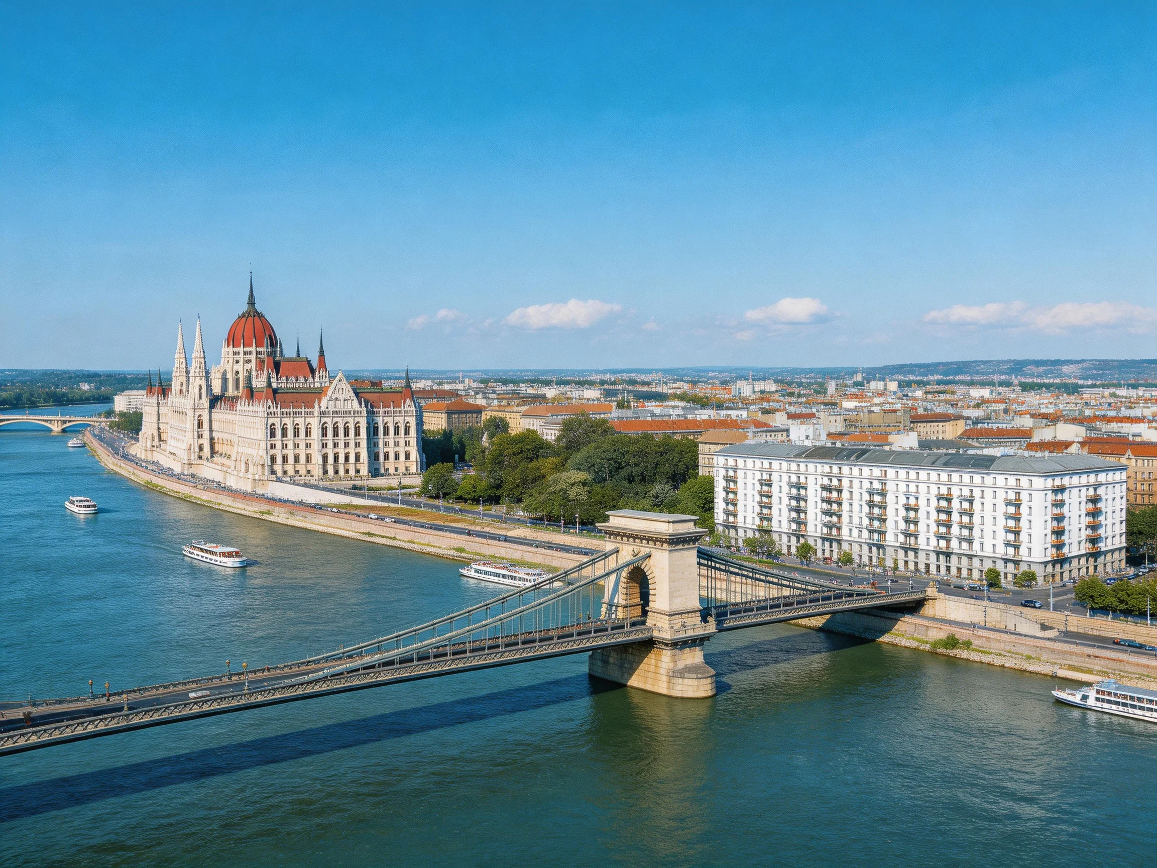 Chain Bridge spans Danube near grand parliament building