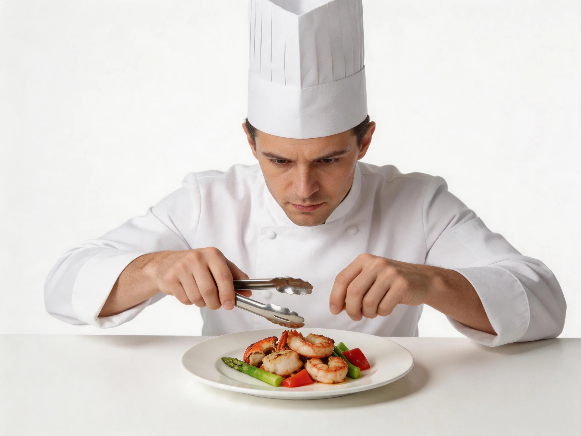 Chef plating shrimp and vegetable dish with metal tongs