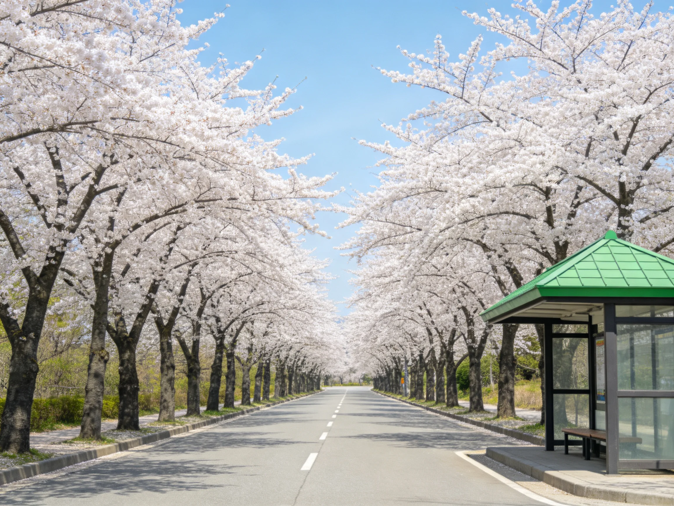 Cherry blossom-lined road with a green-roofed bus stop
