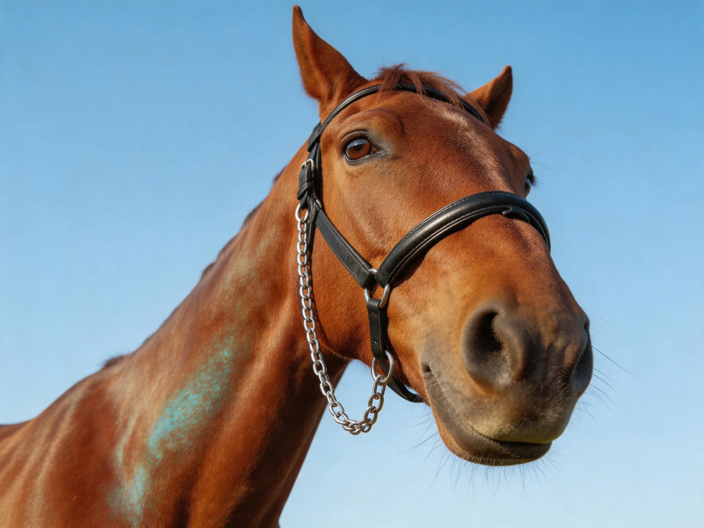 Chestnut Horse with Black Bridle Under Clear Blue Sky