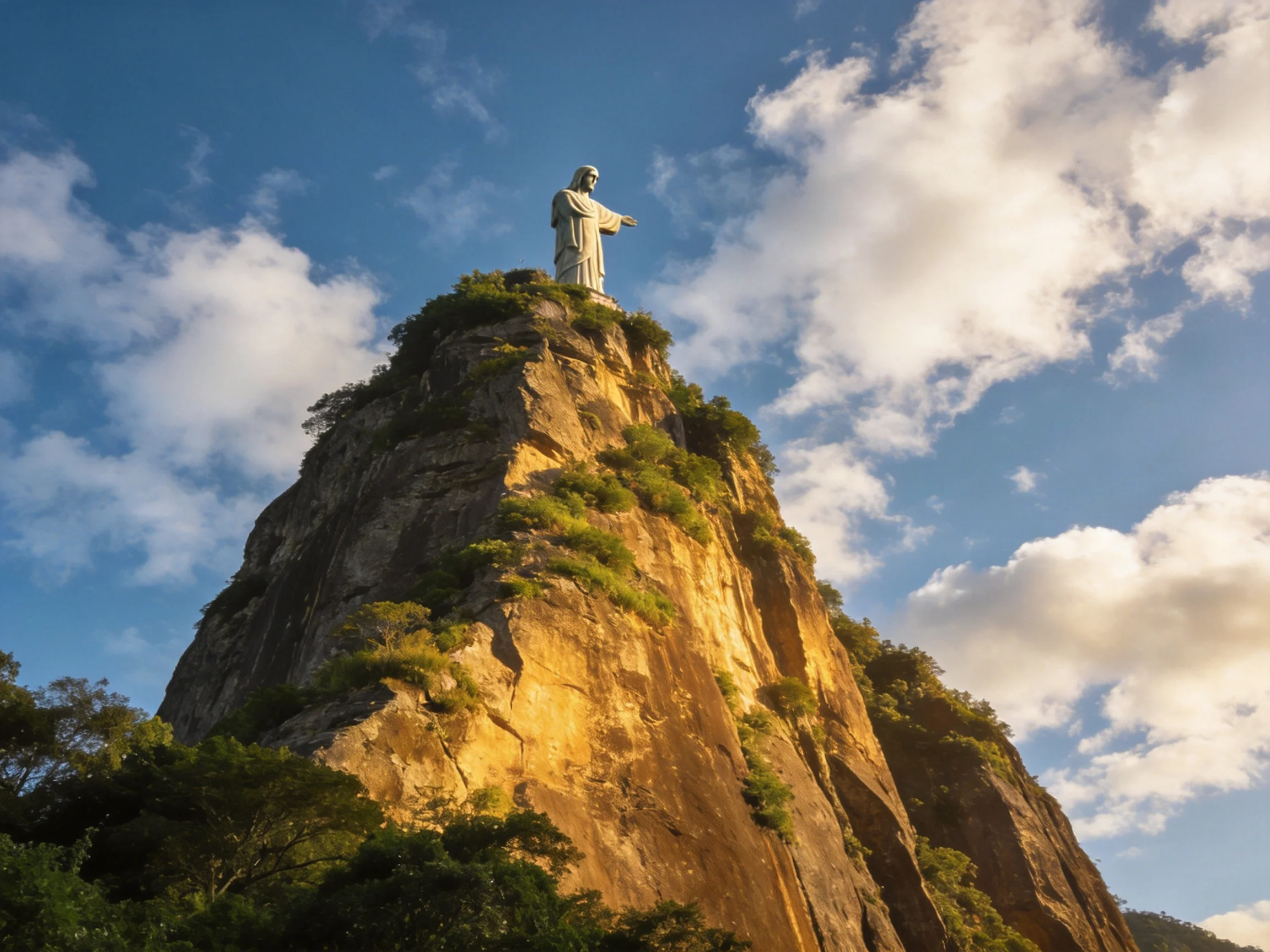 Christ the Redeemer statue atop a rocky mountain peak under sunny sky