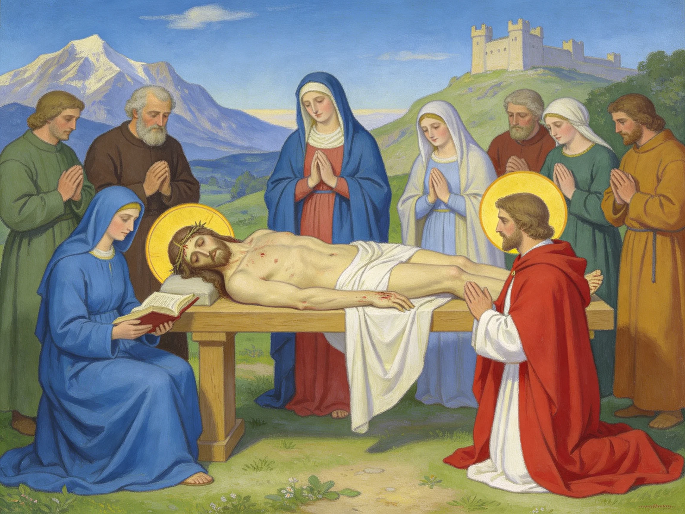 Christs Body Among Devotees in a Scenic Landscape