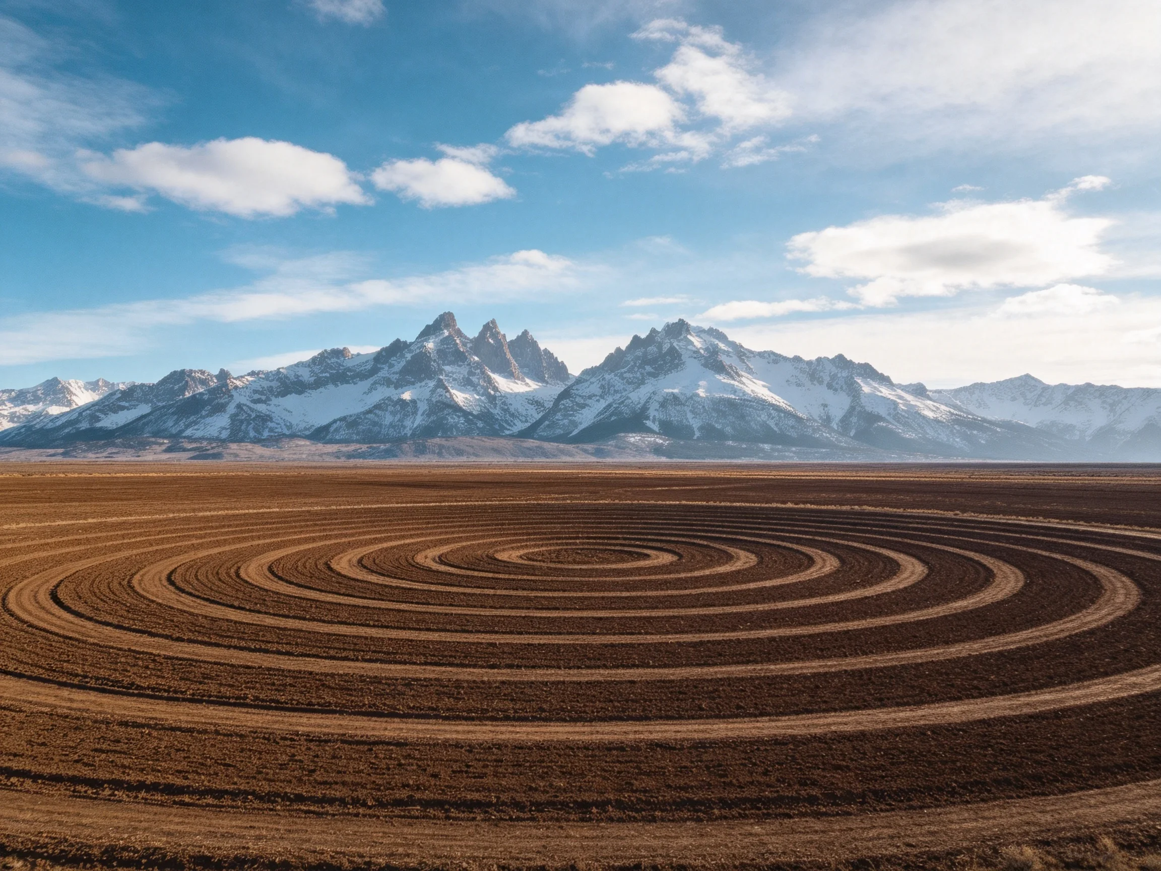 Circular plowed fields with snow-capped mountain backdrop