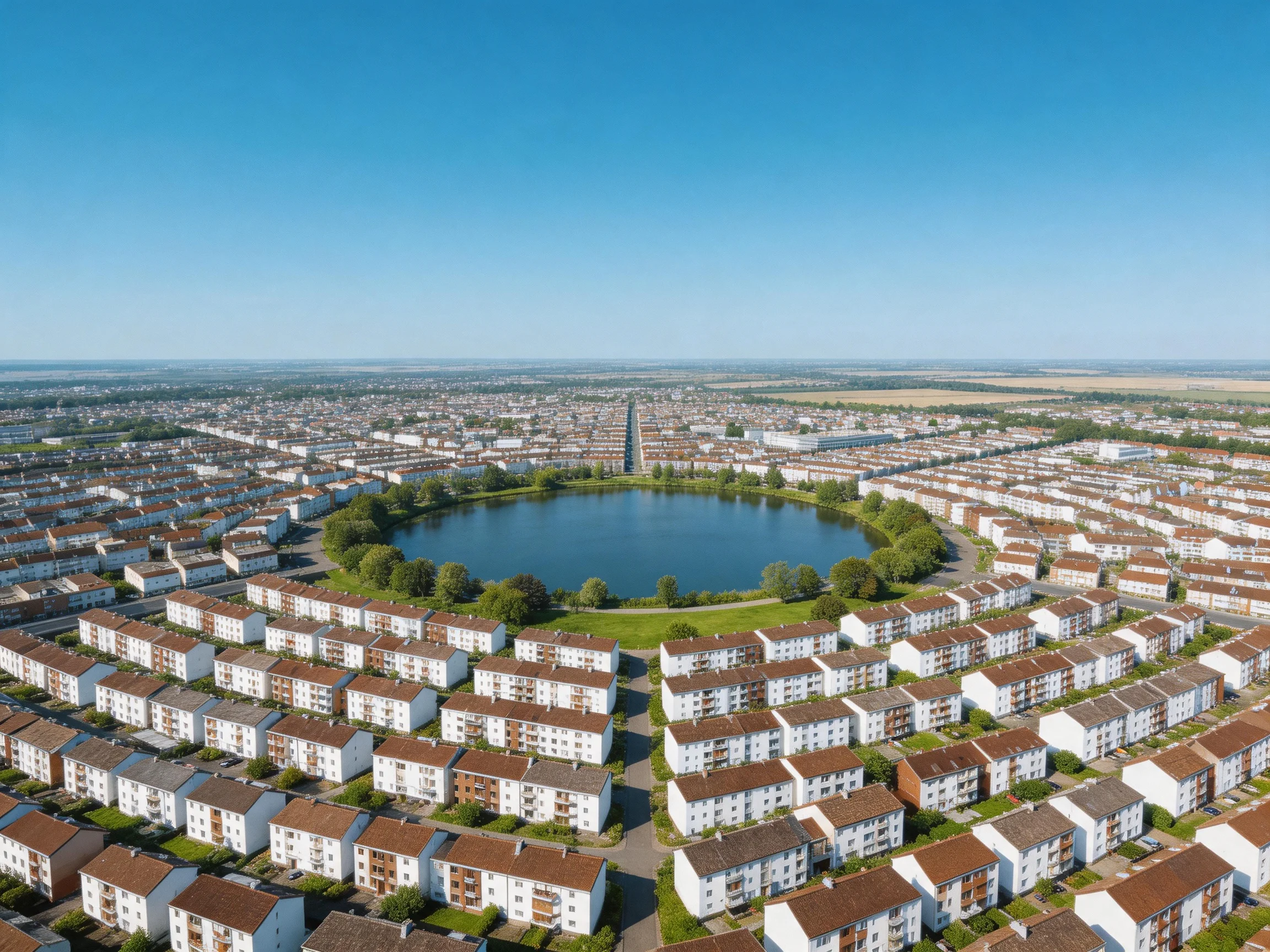 Circular residential complex centered by a blue lake