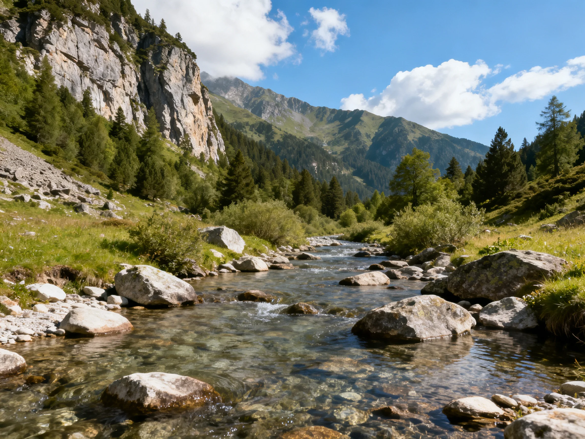 Clear mountain stream winds through rocks, greenery, and rocky cliffs.