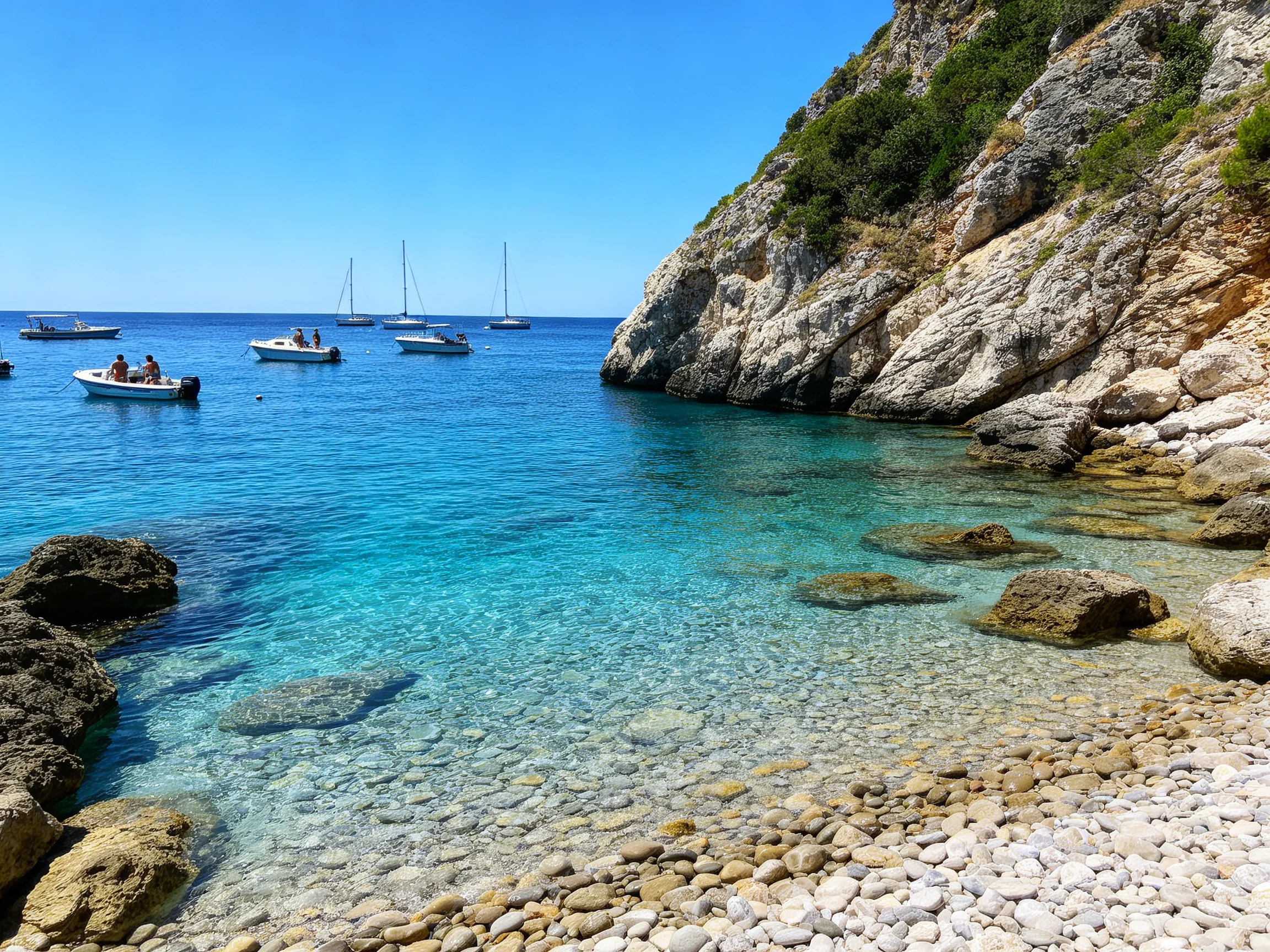 Clear turquoise waters near rocky cliffs with multiple boats