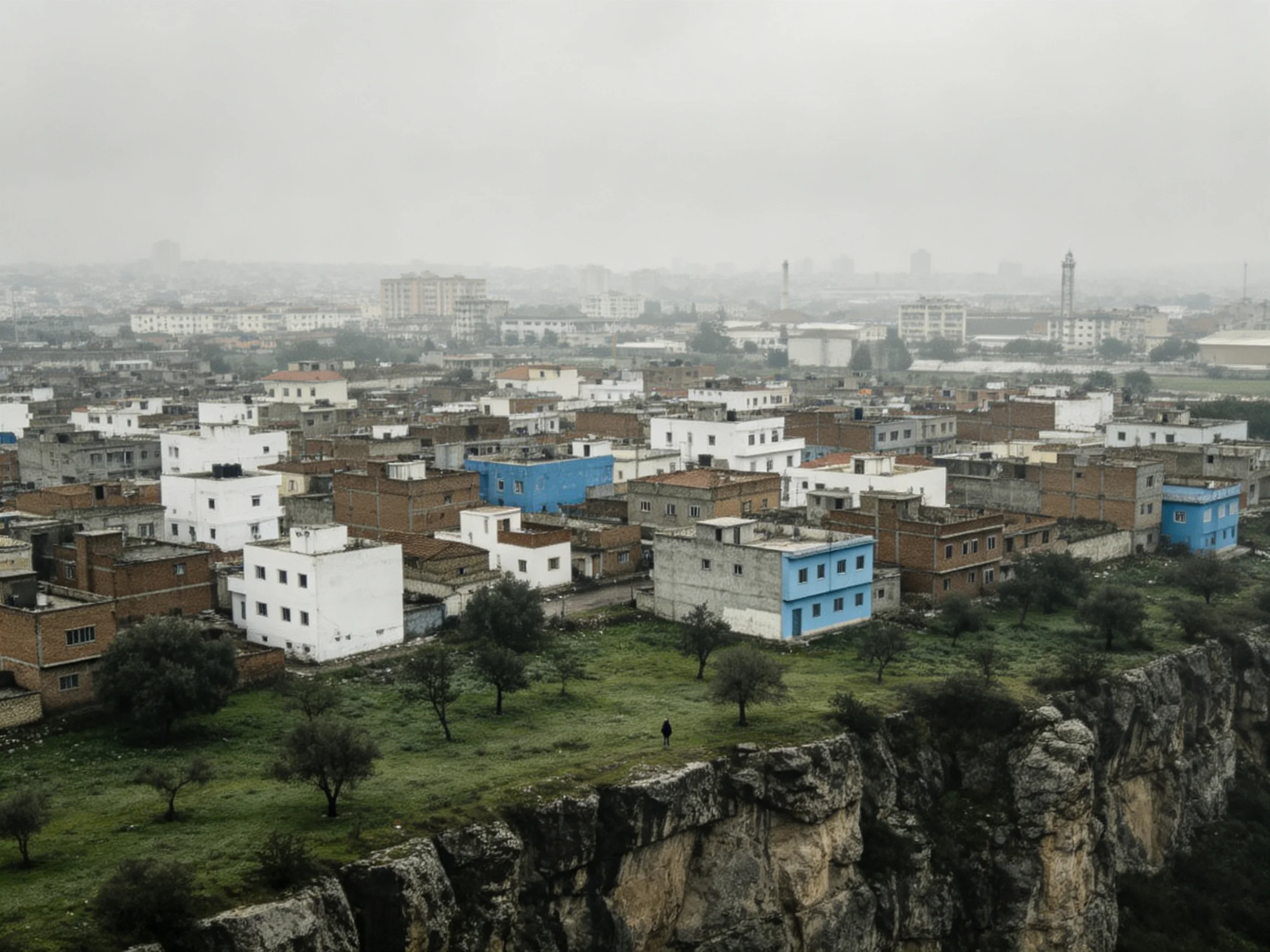 Cliffside Town with White, Blue Buildings Under Misty Sky