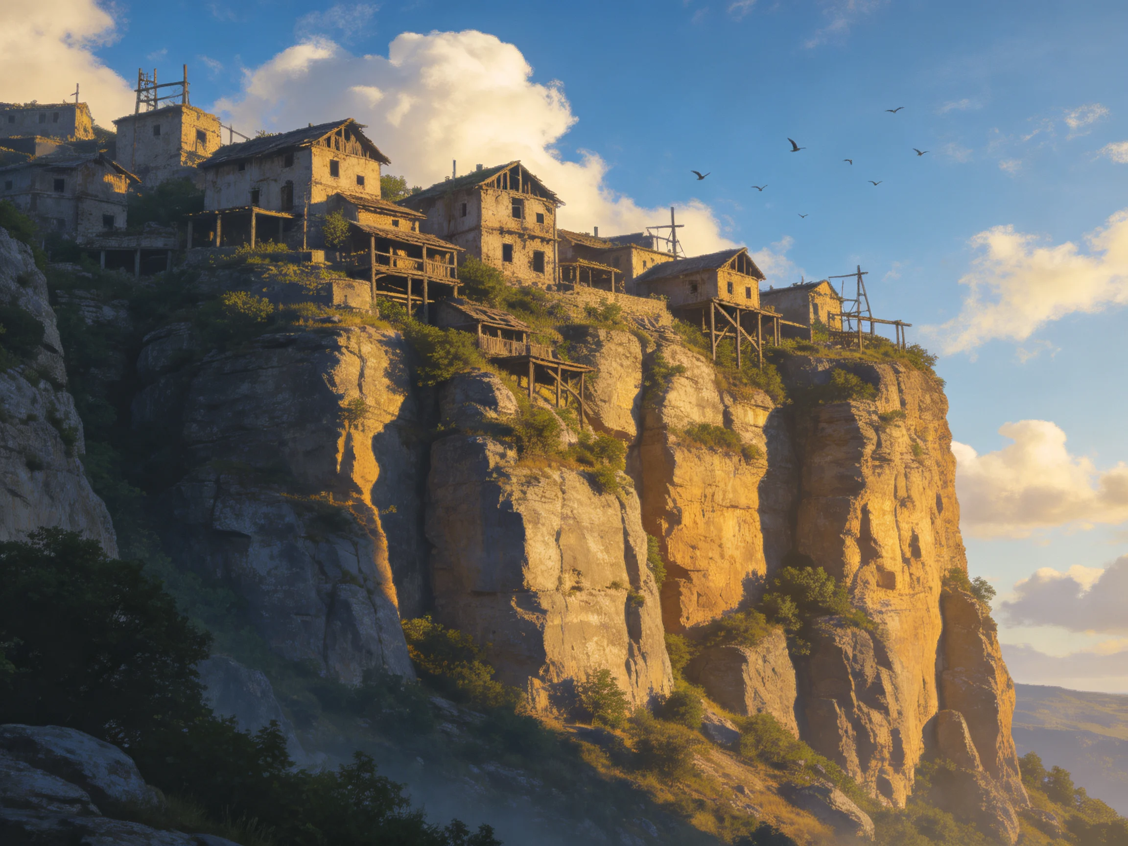 Cliffside Village with Stone Houses Under Golden Light
