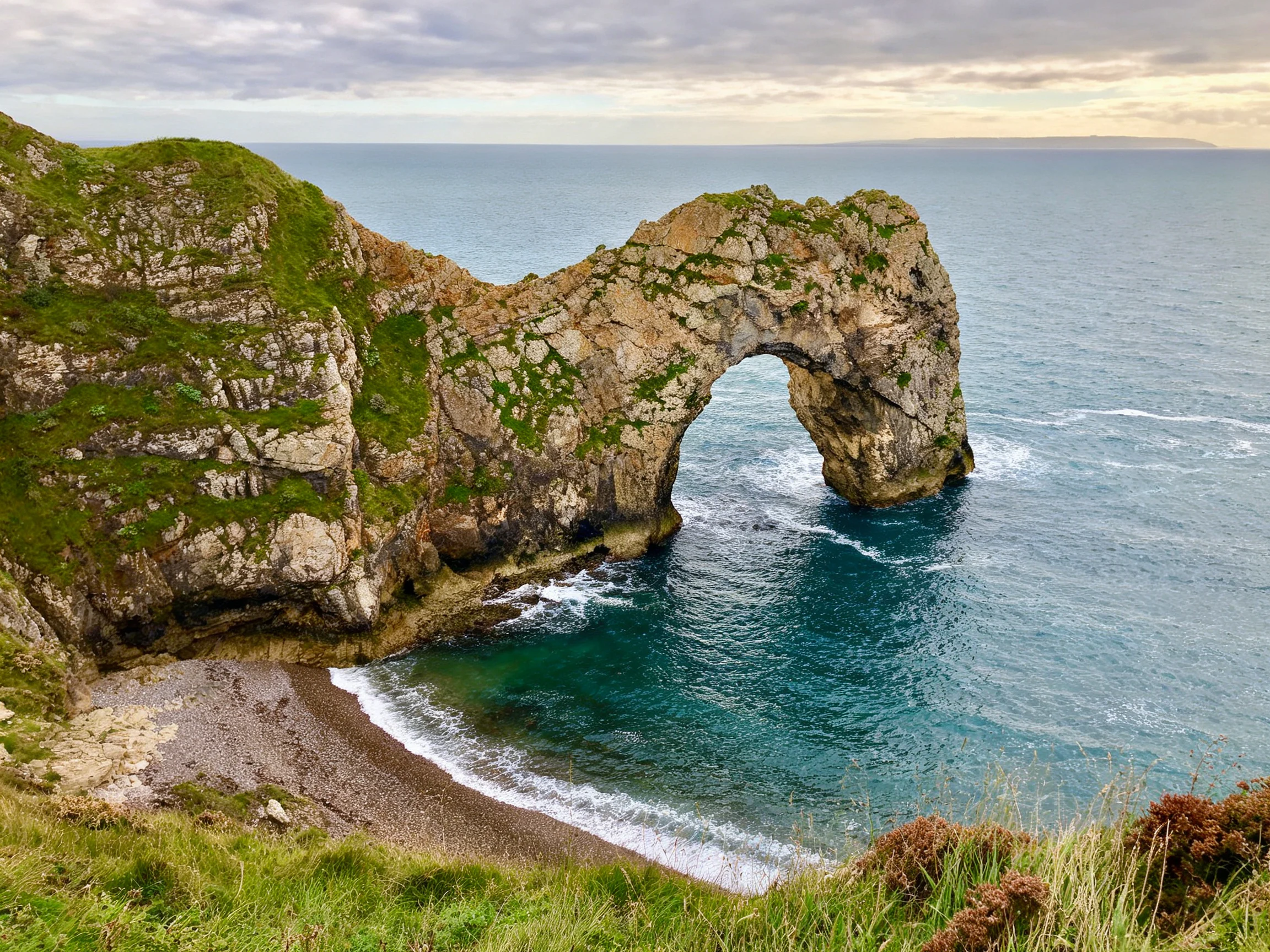 Coastal Natural Rock Arch with Green Cliffs and Turquoise Waters