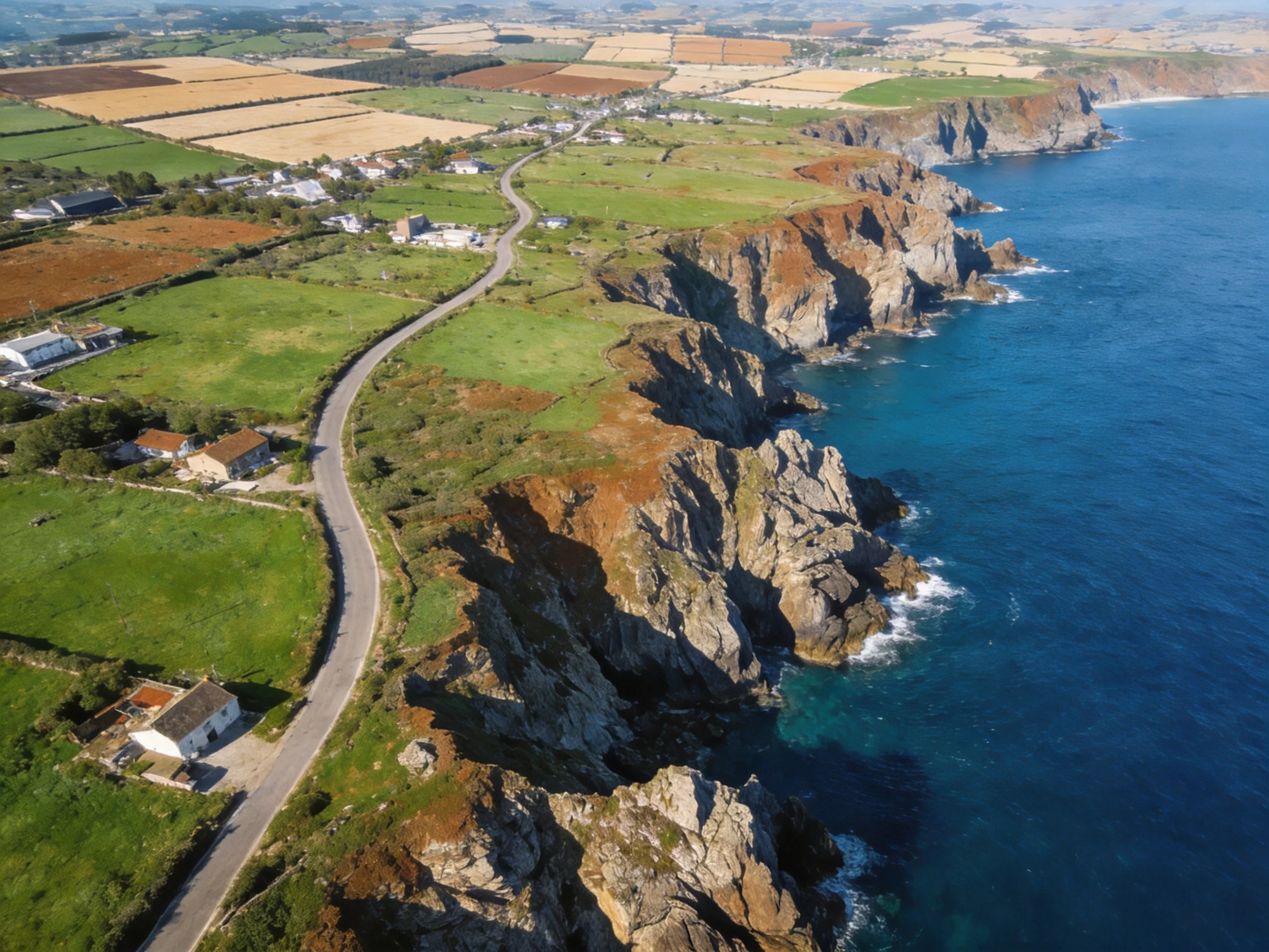 Coastal cliffs and turquoise waters besidewinding rural roads