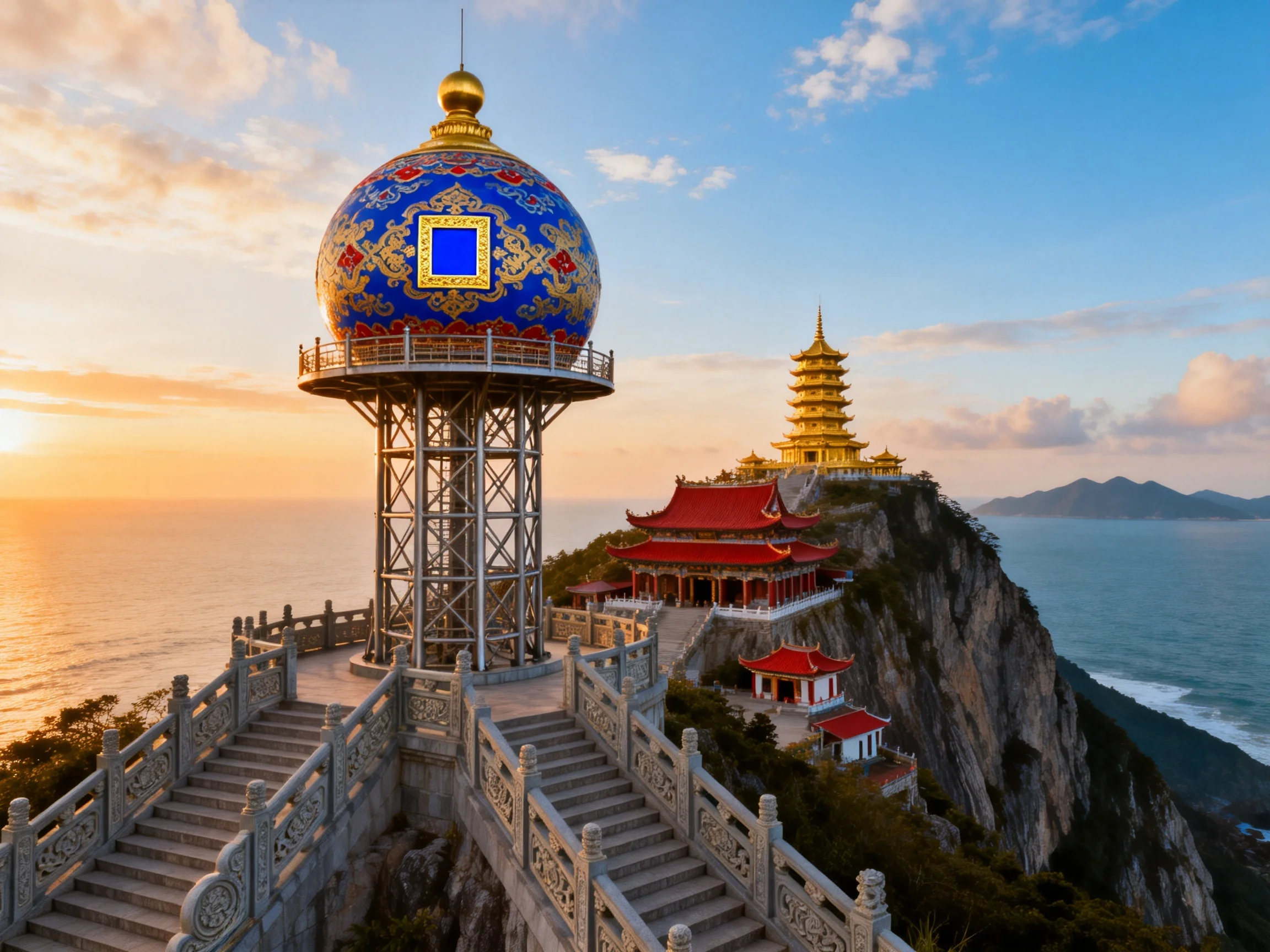 Coastal cliffside temple complex with colorful dome